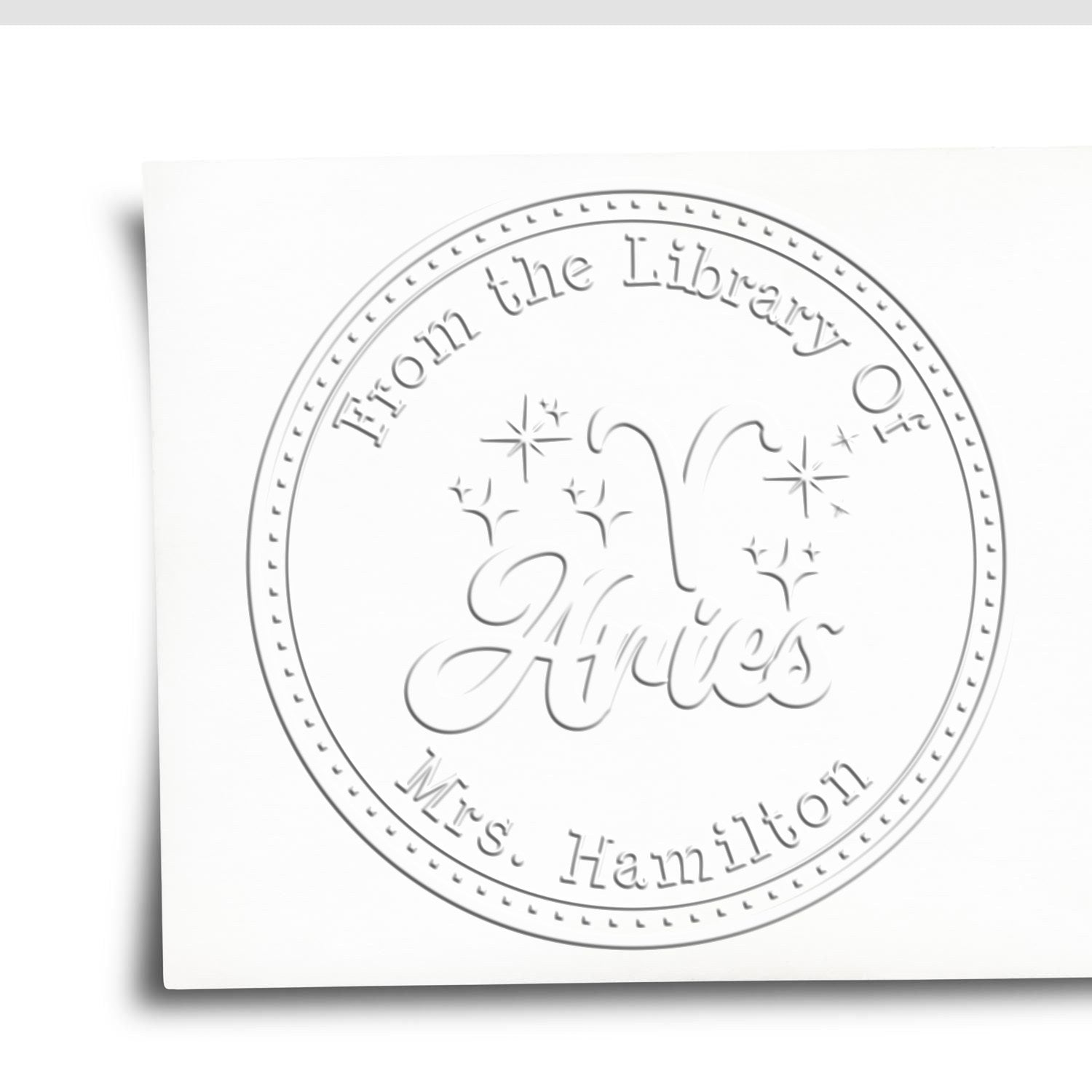 Hybrid Aries Zodiac Symbol with Scripted Font Personalized Book Name Seal Press - Engineer Seal Stamps