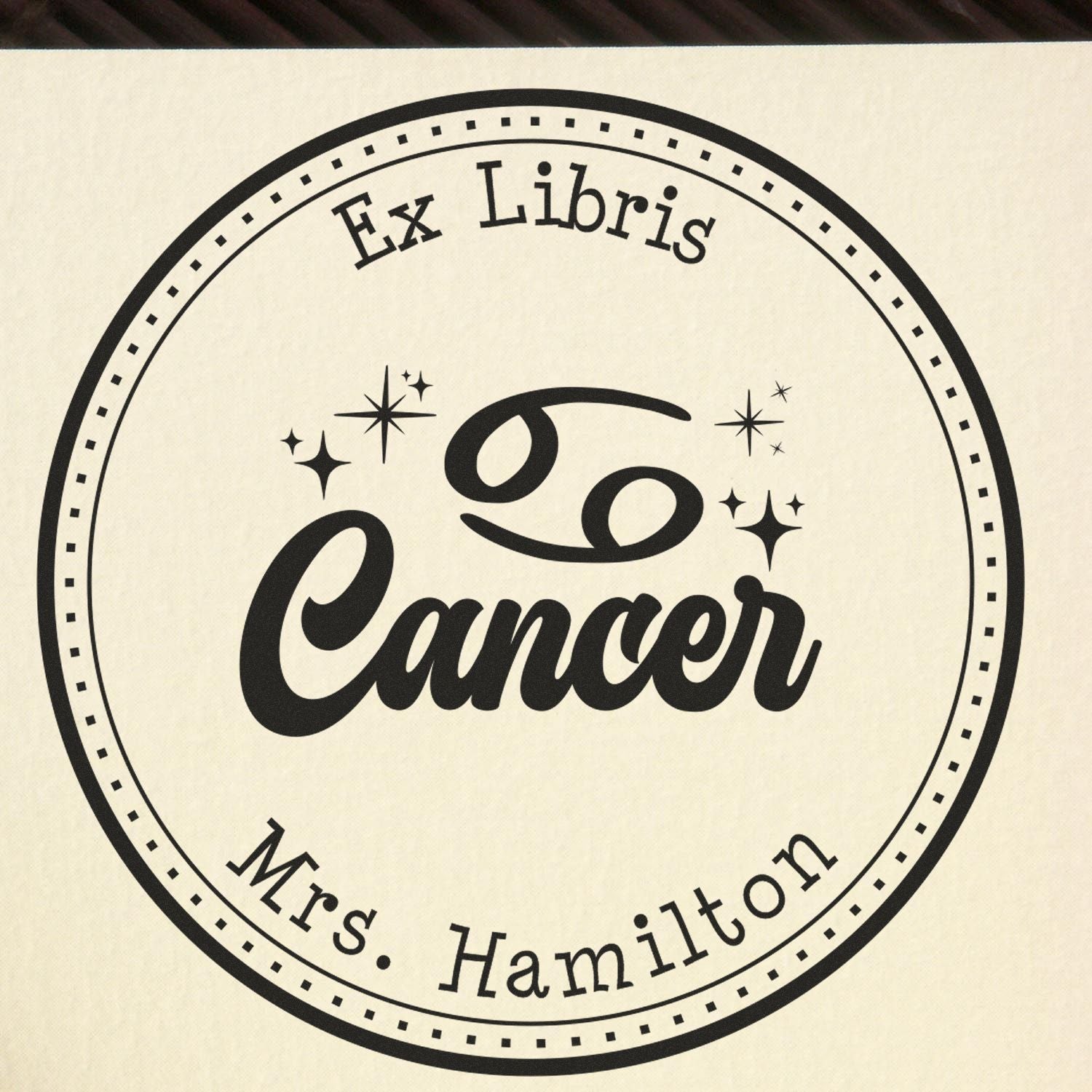 Wood Handle Cancer Zodiac Symbol with Scripted Font Customized Bookworm Stamper - Engineer Seal Stamps