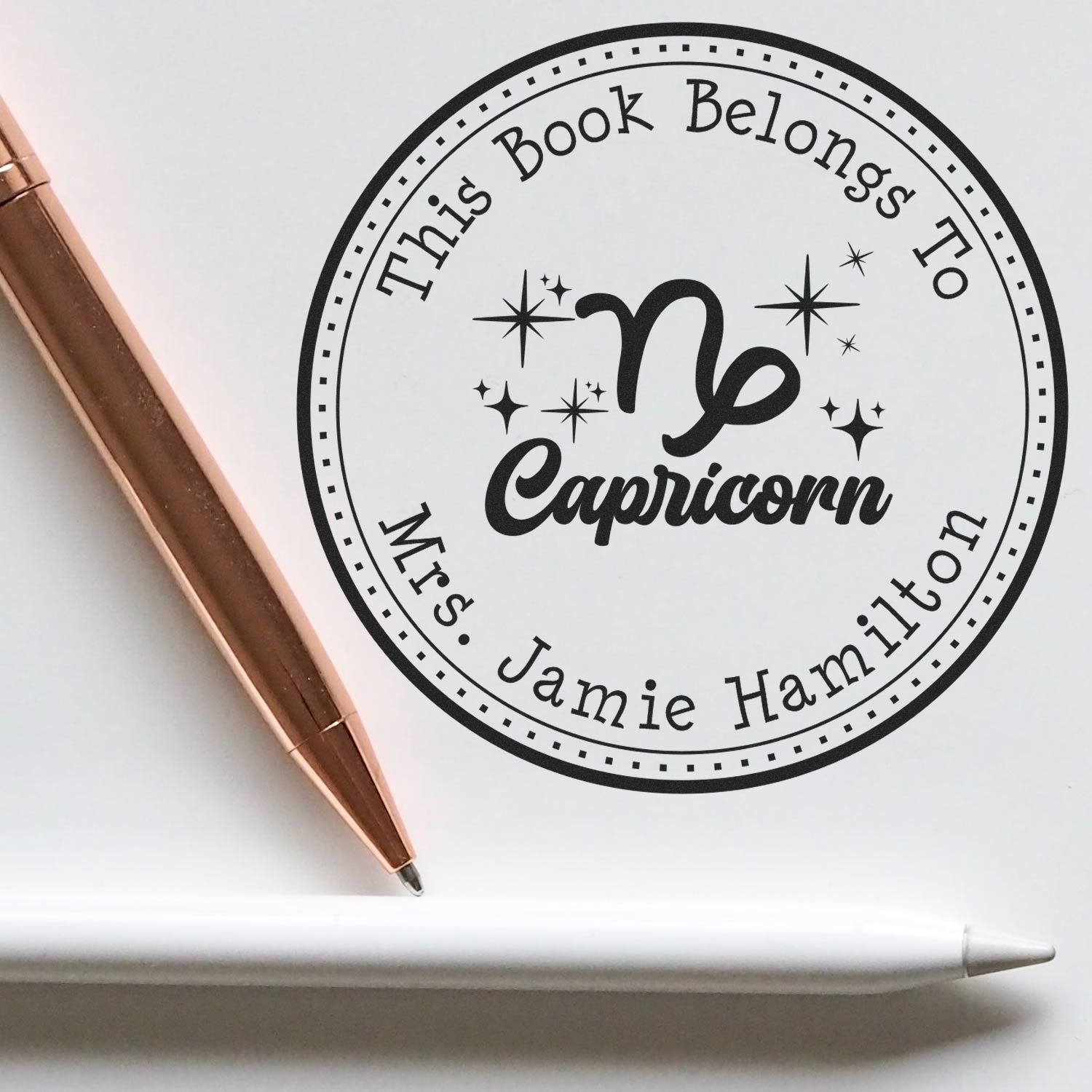 Wood Handle Capricorn Zodiac Symbol with Scripted Font Customized From The Library Of Stamp - Engineer Seal Stamps