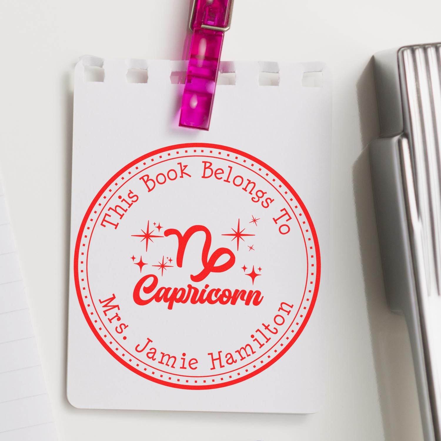 Self-Inking Capricorn Zodiac Symbol with Scripted Font Customized Reader Stamp - Engineer Seal Stamps