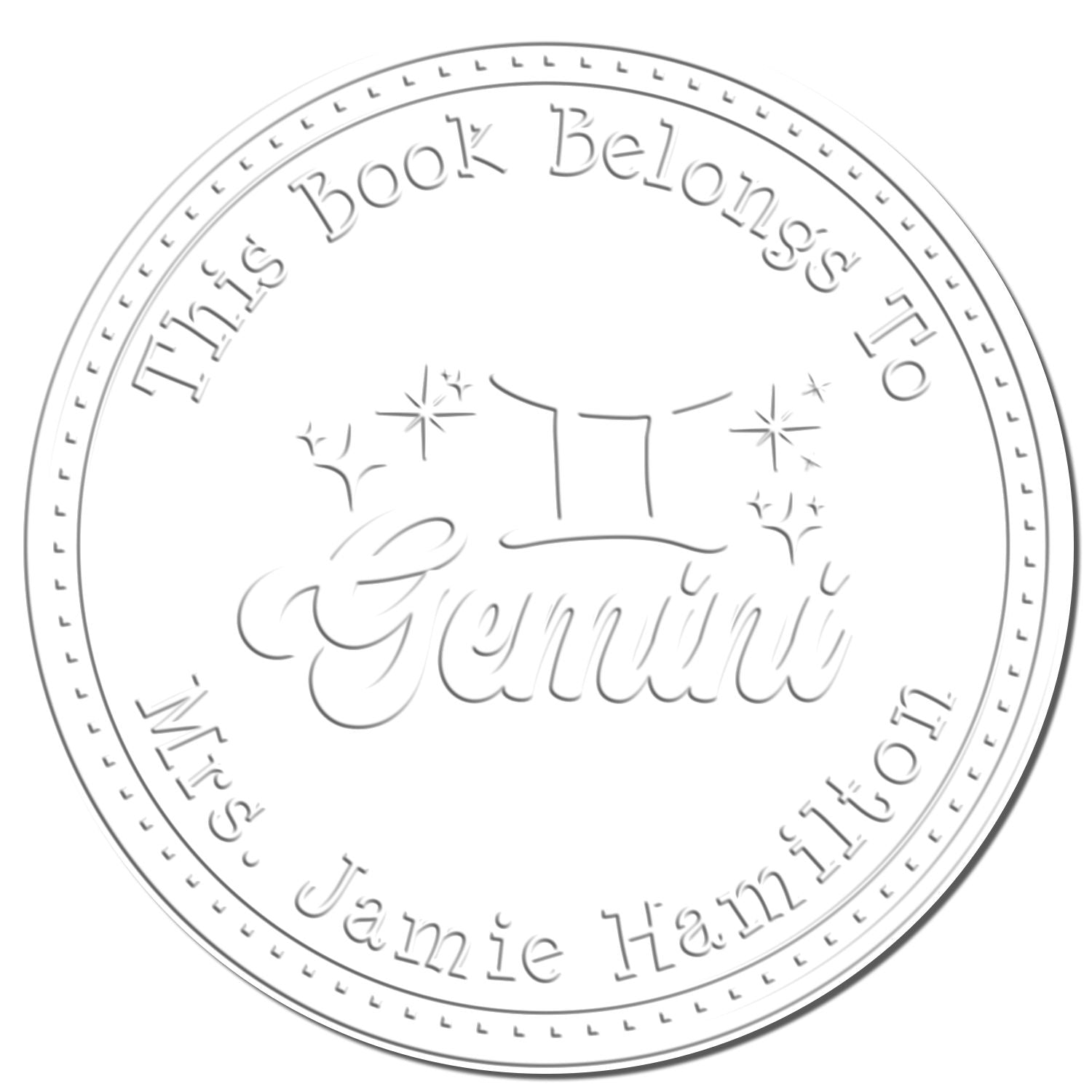 Soft Gemini Zodiac Symbol with Scripted Font Personalized Book Embossing Seal