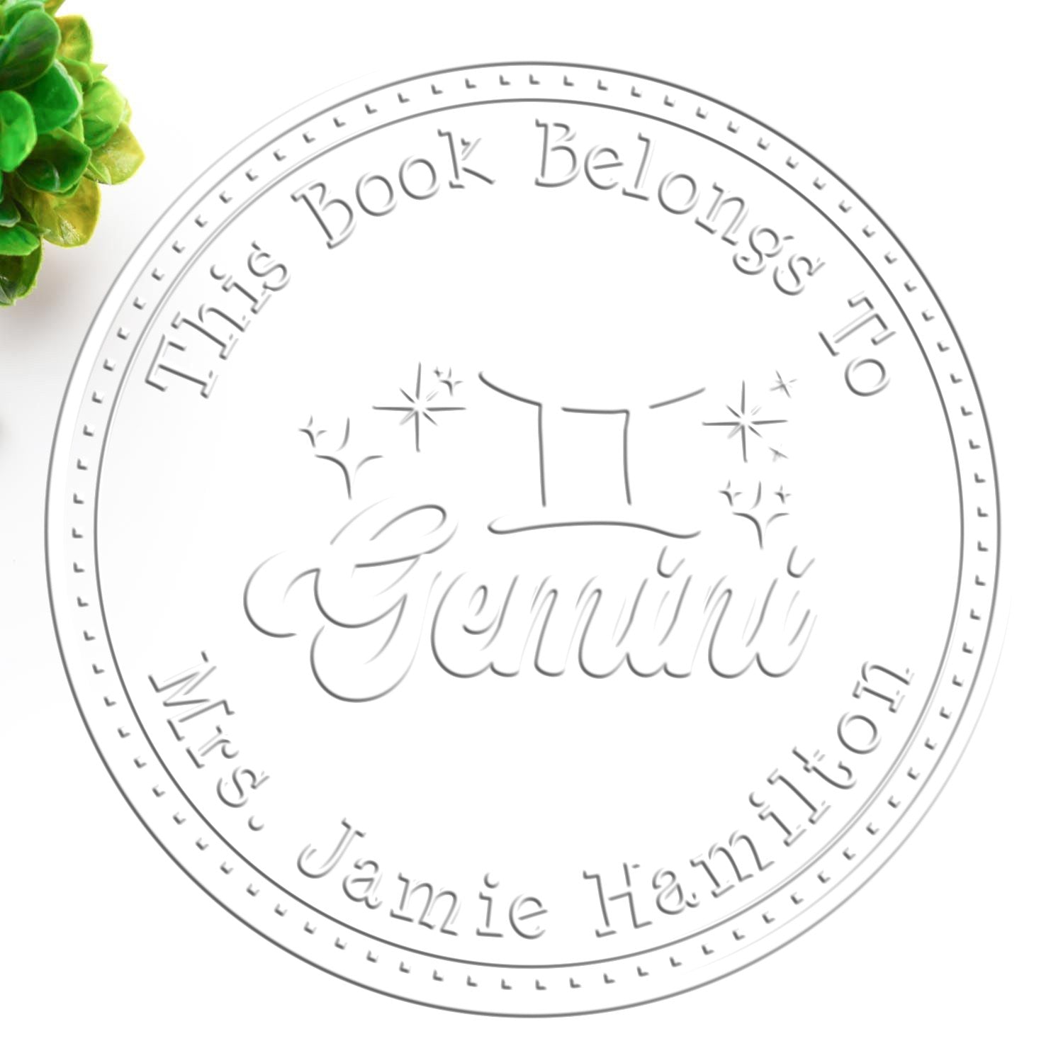 Soft Gemini Zodiac Symbol with Scripted Font Personalized Book Embossing Seal