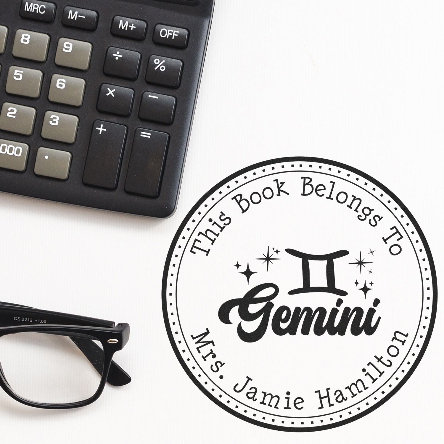 PSI Pre-Inked Gemini Zodiac Symbol with Scripted Font Custom Library Stamper - Engineer Seal Stamps