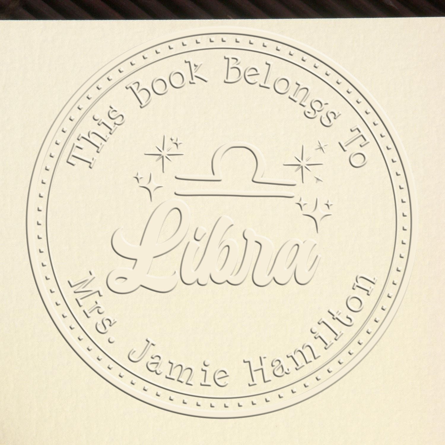 Hybrid Libra Zodiac Symbol with Scripted Font Personalized Book Ownership Paper Embosser - Engineer Seal Stamps