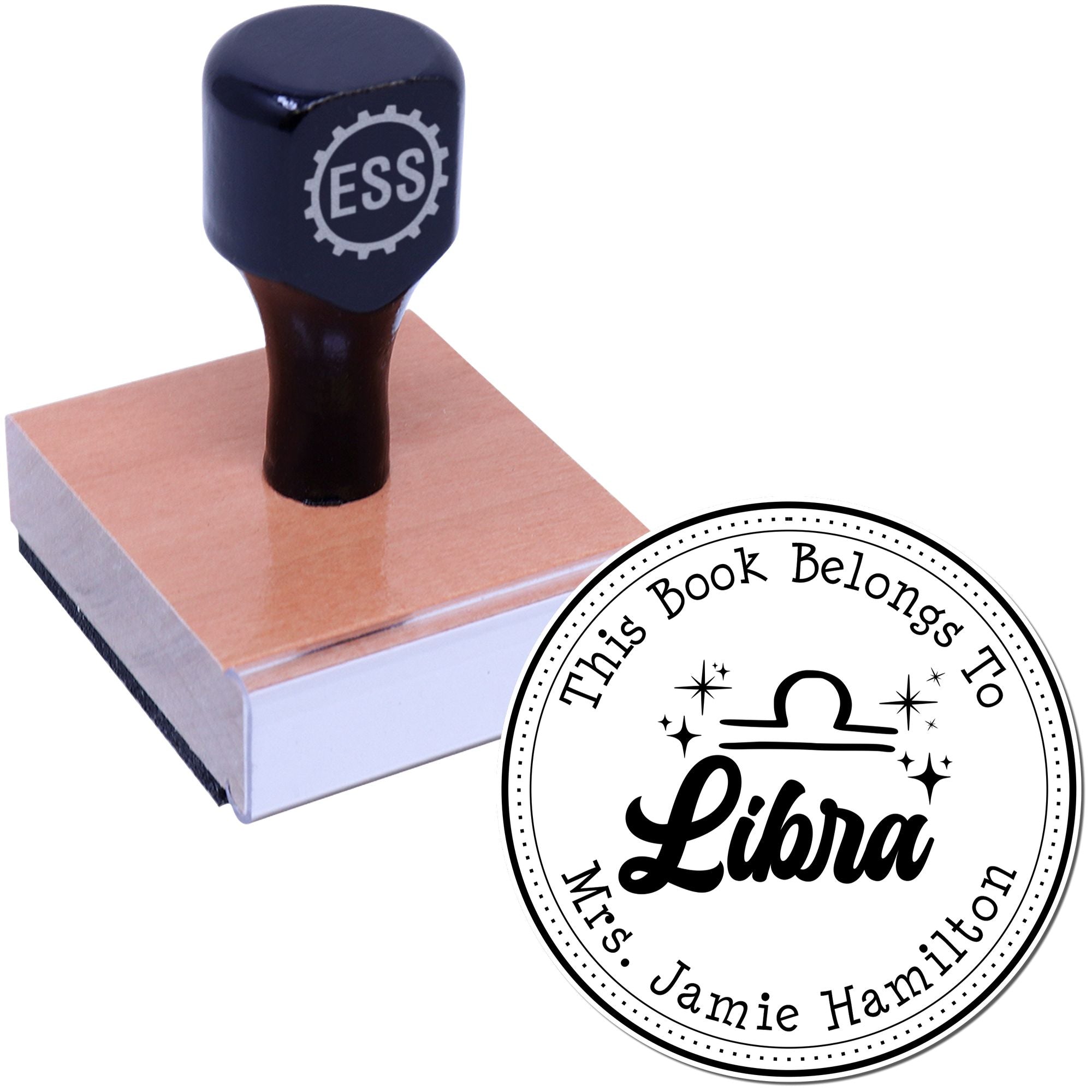 Wood Handle Libra Zodiac Symbol with Scripted Font Customized Library Stamper
