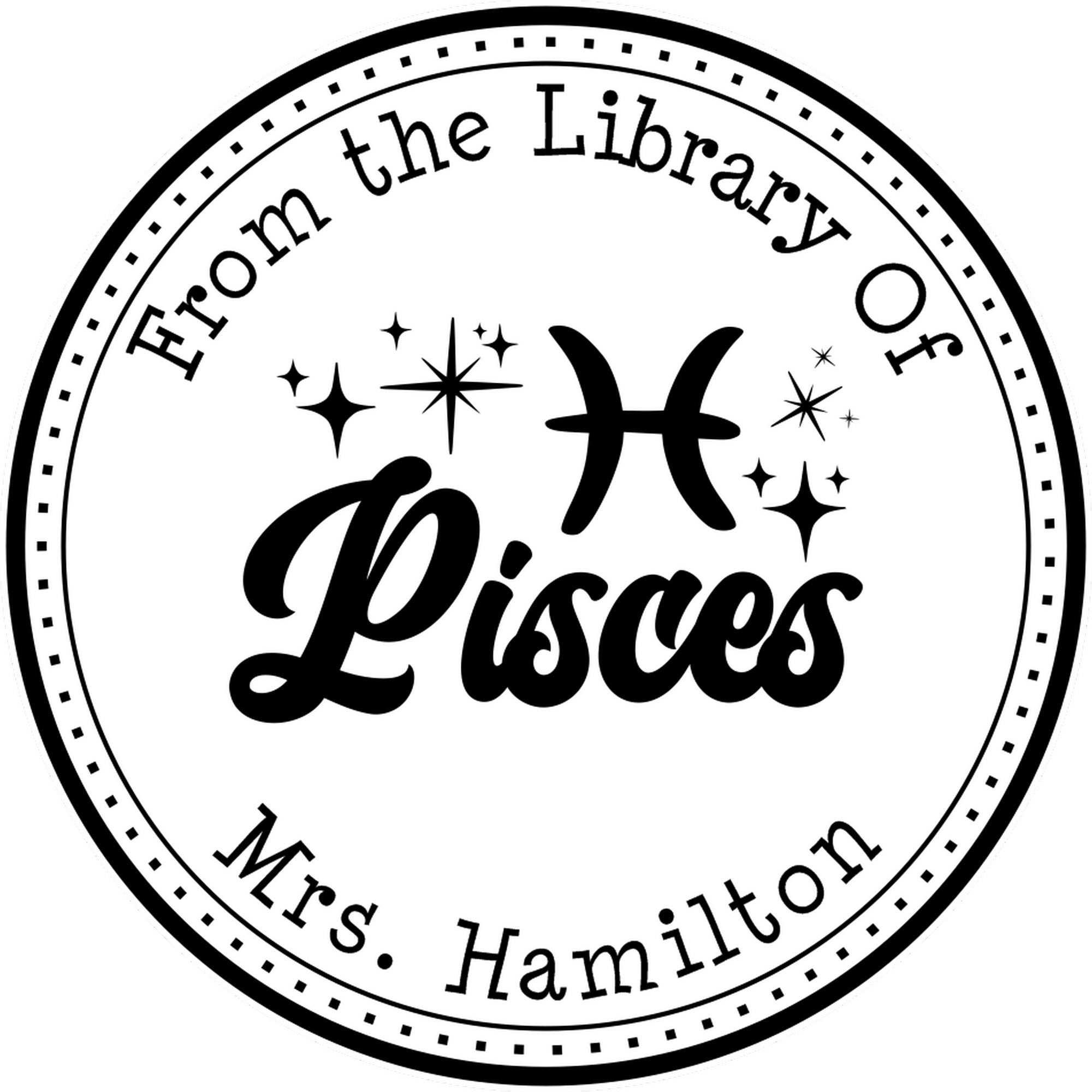 PSI Pre-Inked Pisces Zodiac Symbol with Scripted Font Custom Library Name Stamp - Engineer Seal Stamps