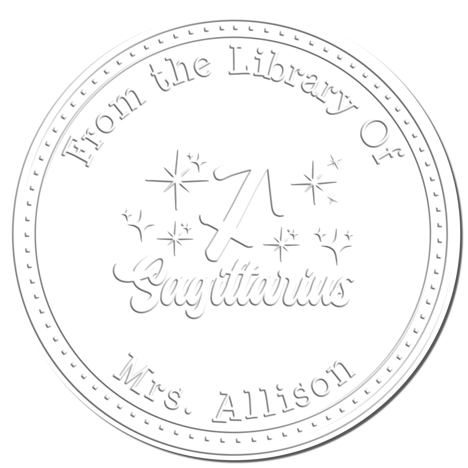 Soft Sagittarius Zodiac Symbol with Scripted Font Personalized Book Belongs to Embossed Stamp