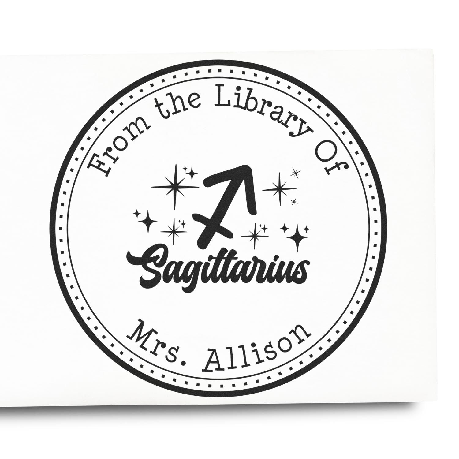 PSI Pre-Inked Sagittarius Zodiac Symbol with Scripted Font Custom Library Name Stamper - Engineer Seal Stamps