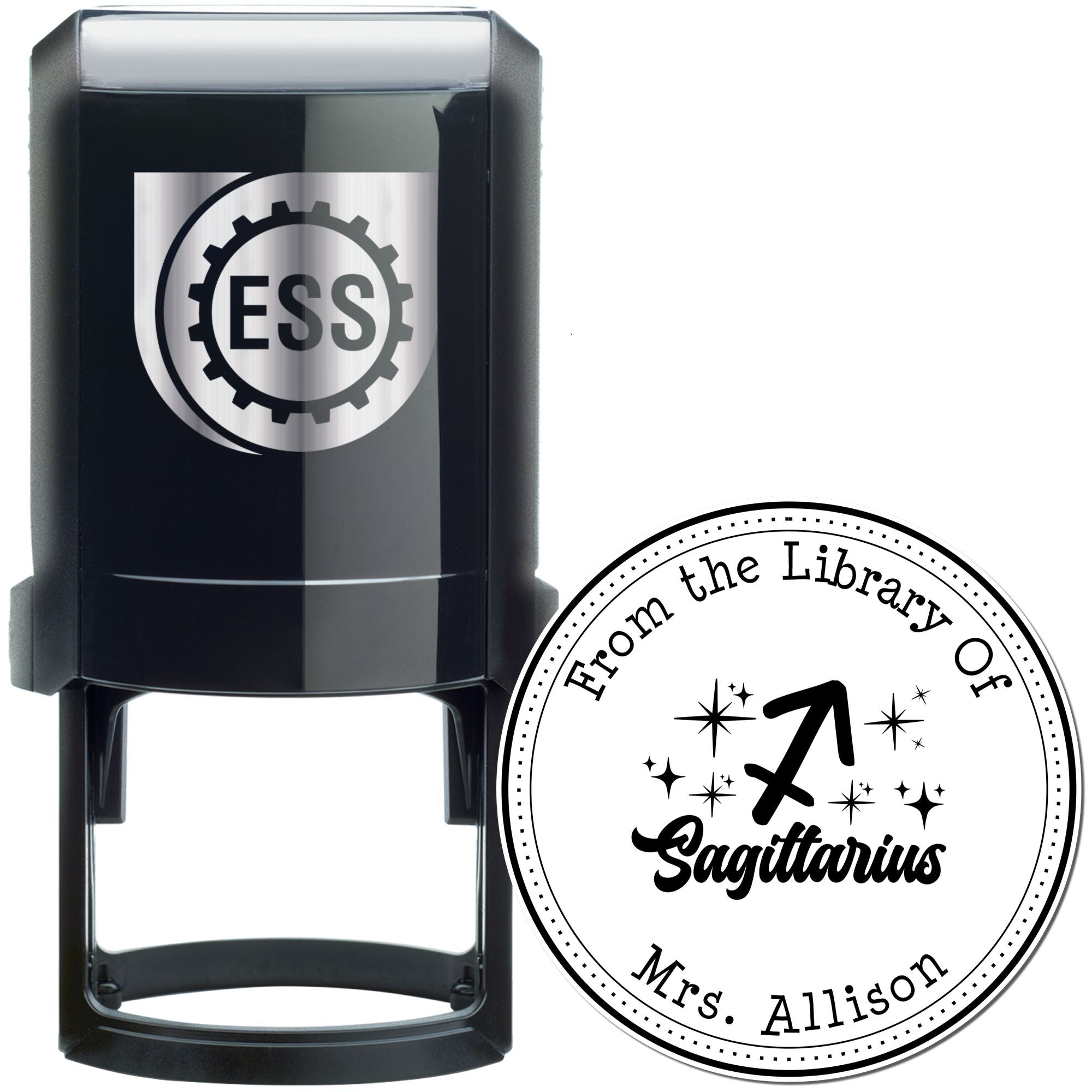 Self-Inking Sagittarius Zodiac Symbol with Scripted Font Custom Belongs To Stamper - Engineer Seal Stamps
