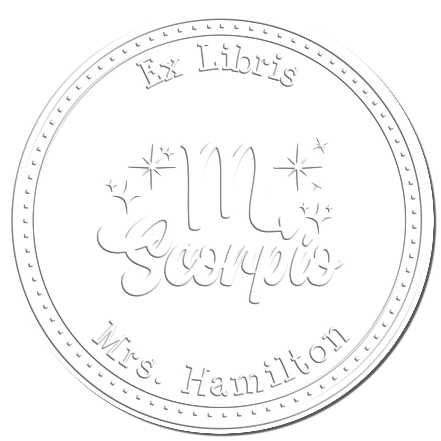 Soft Scorpio Zodiac Symbol with Scripted Font Personalized Book Belongs to Embosser