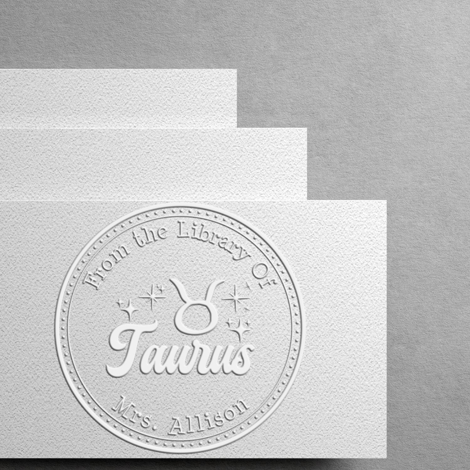 Hybrid Taurus Zodiac Symbol with Scripted Font Personalized Book Ownership Label Embossing Seal - Engineer Seal Stamps