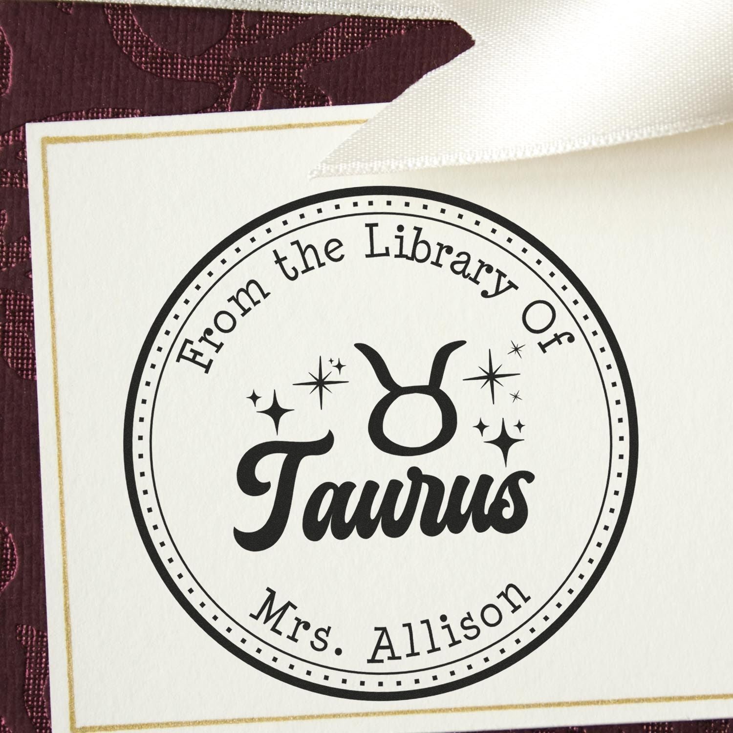 Wood Handle Taurus Zodiac Symbol with Scripted Font Customized Library Name Stamper