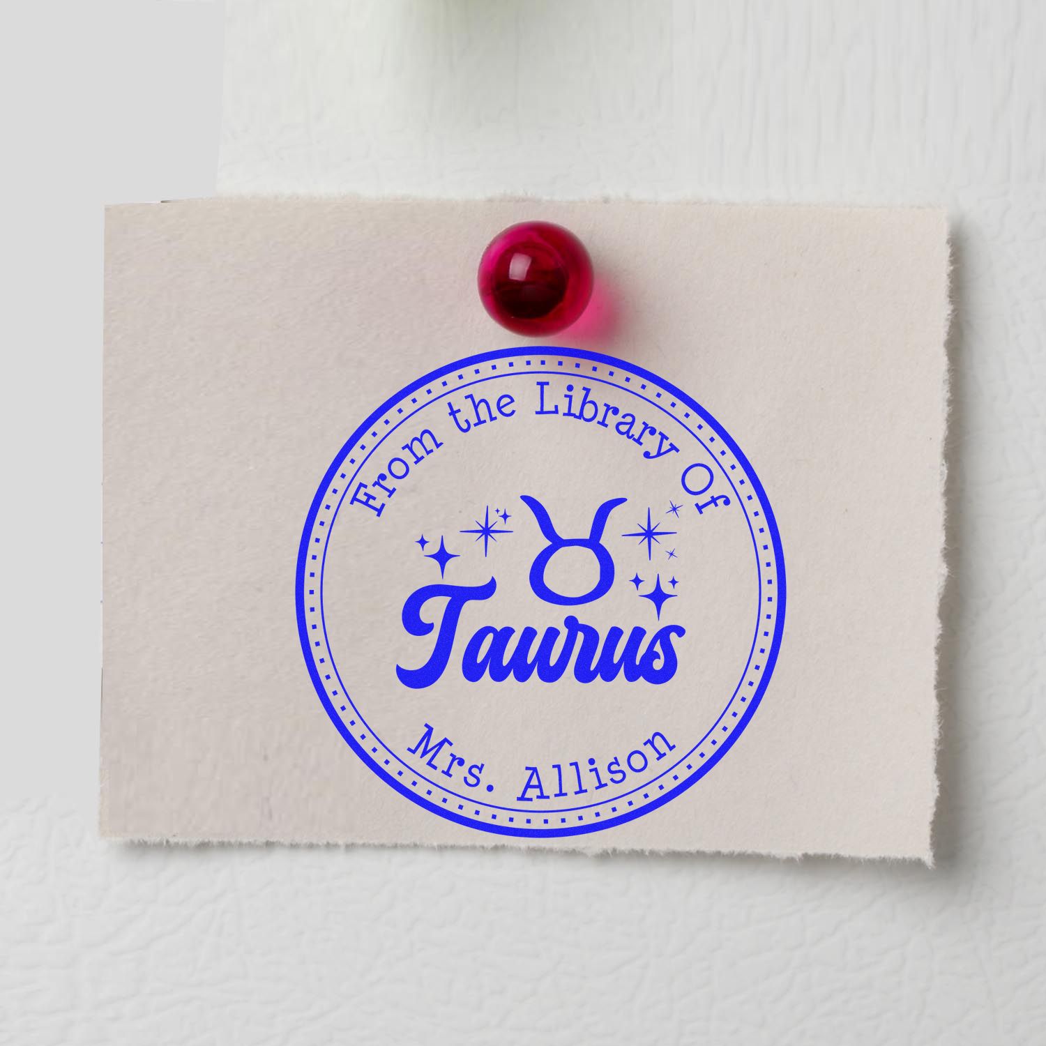 Wood Handle Taurus Zodiac Symbol with Scripted Font Customized Library Name Stamper
