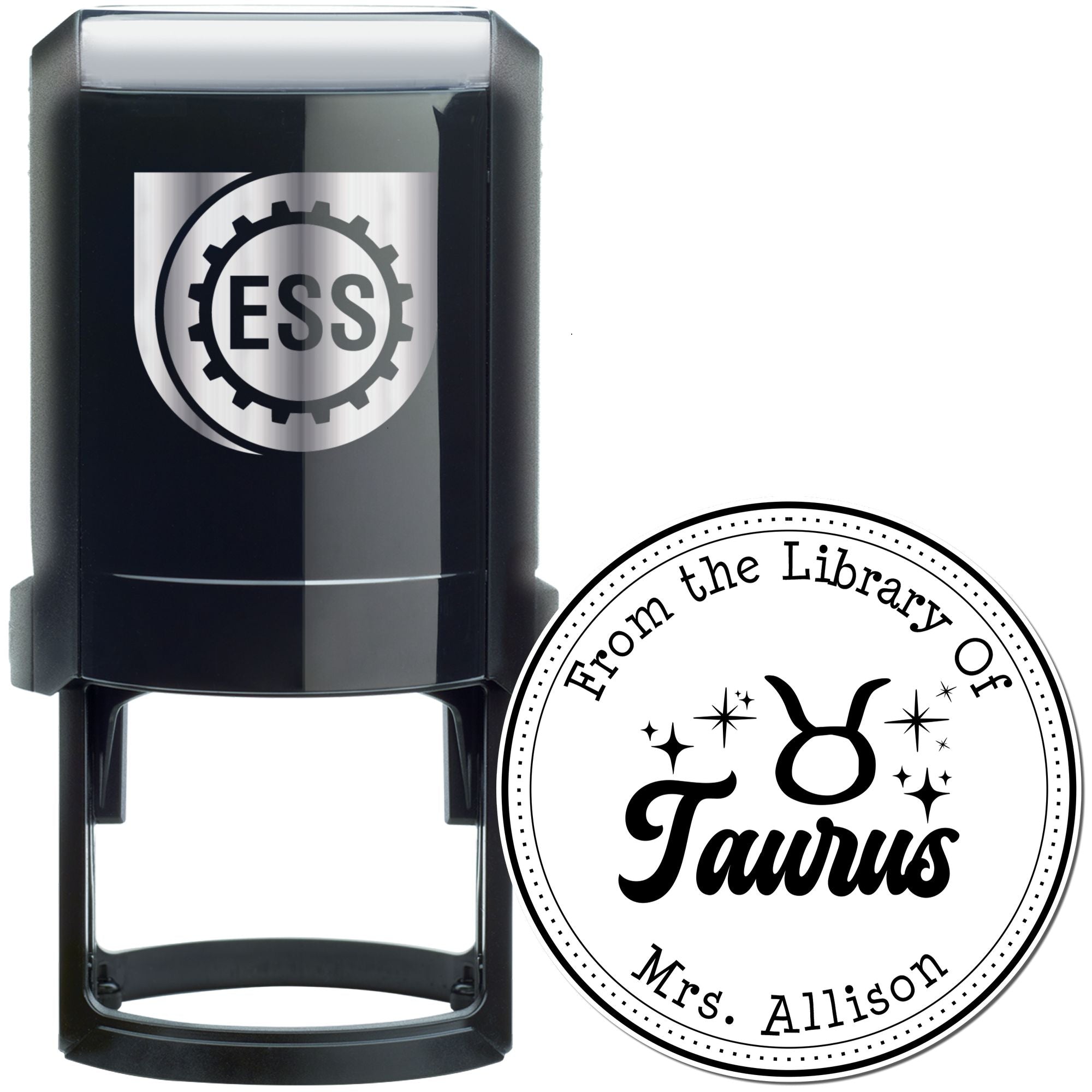 Self-Inking Taurus Zodiac Symbol with Scripted Font Custom Bibliophile Stamper - Engineer Seal Stamps