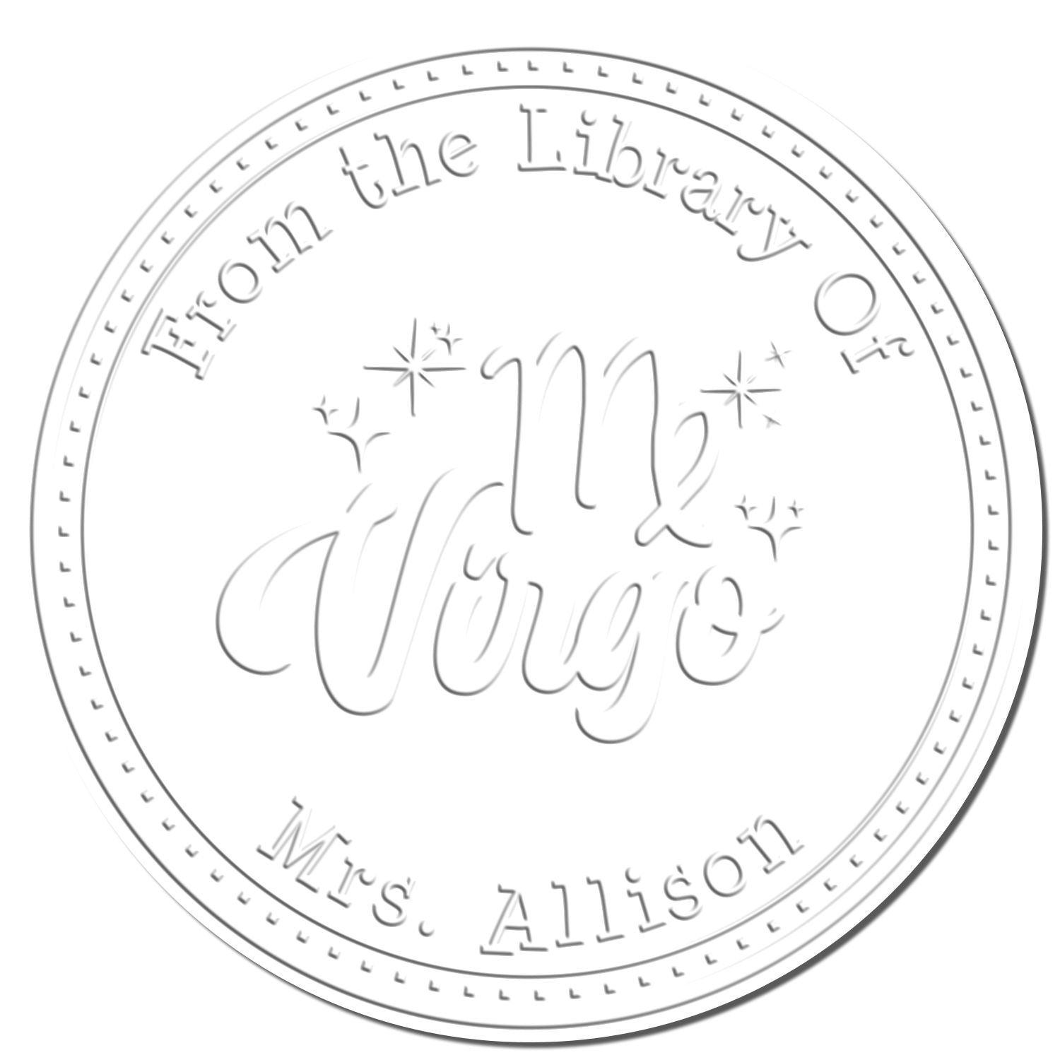 Soft Virgo Zodiac Symbol with Scripted Font Personalized Book Belongs to Embossing Stamp