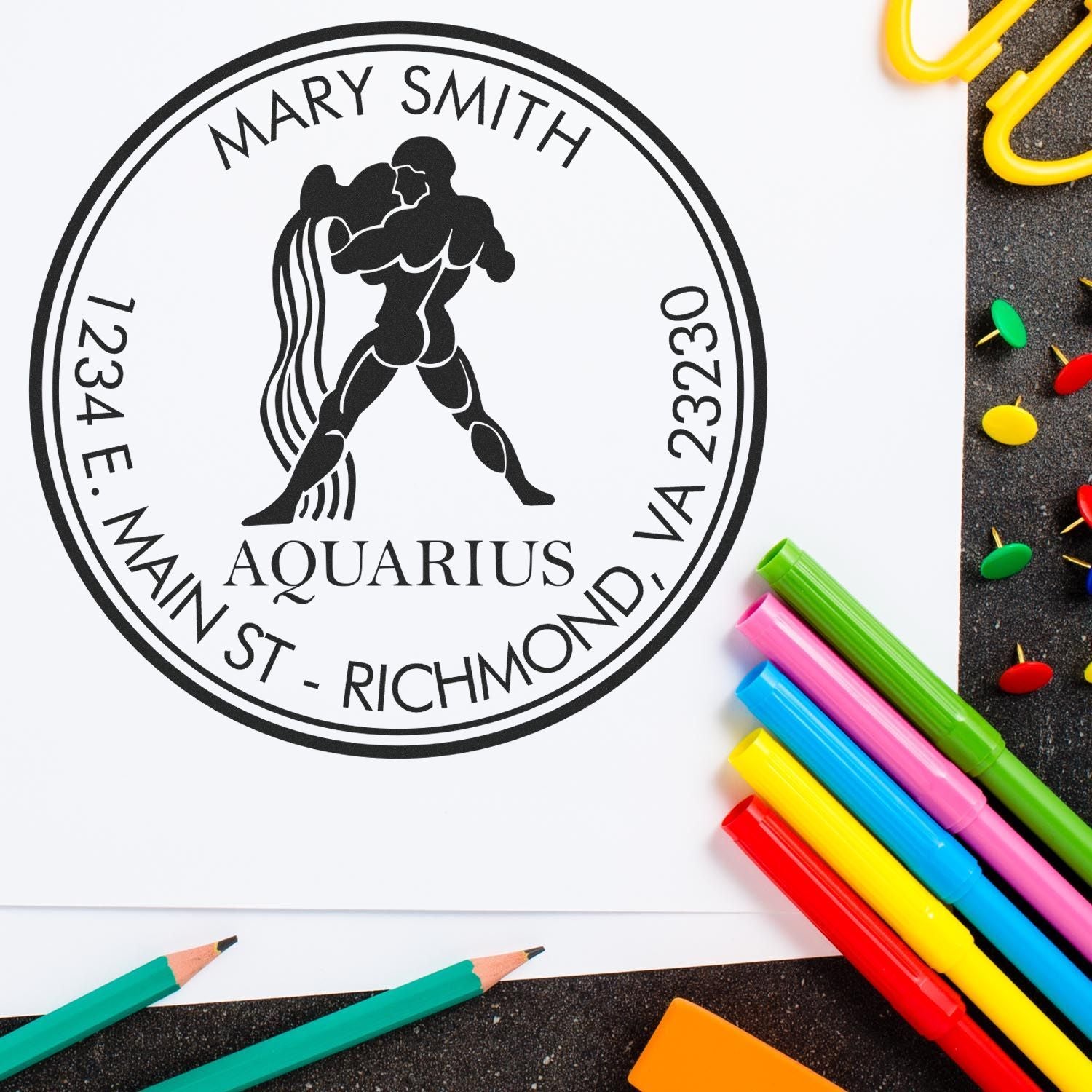 Wood Handle Flowing Aquarius Custom Mail Stamp - Engineer Seal Stamps