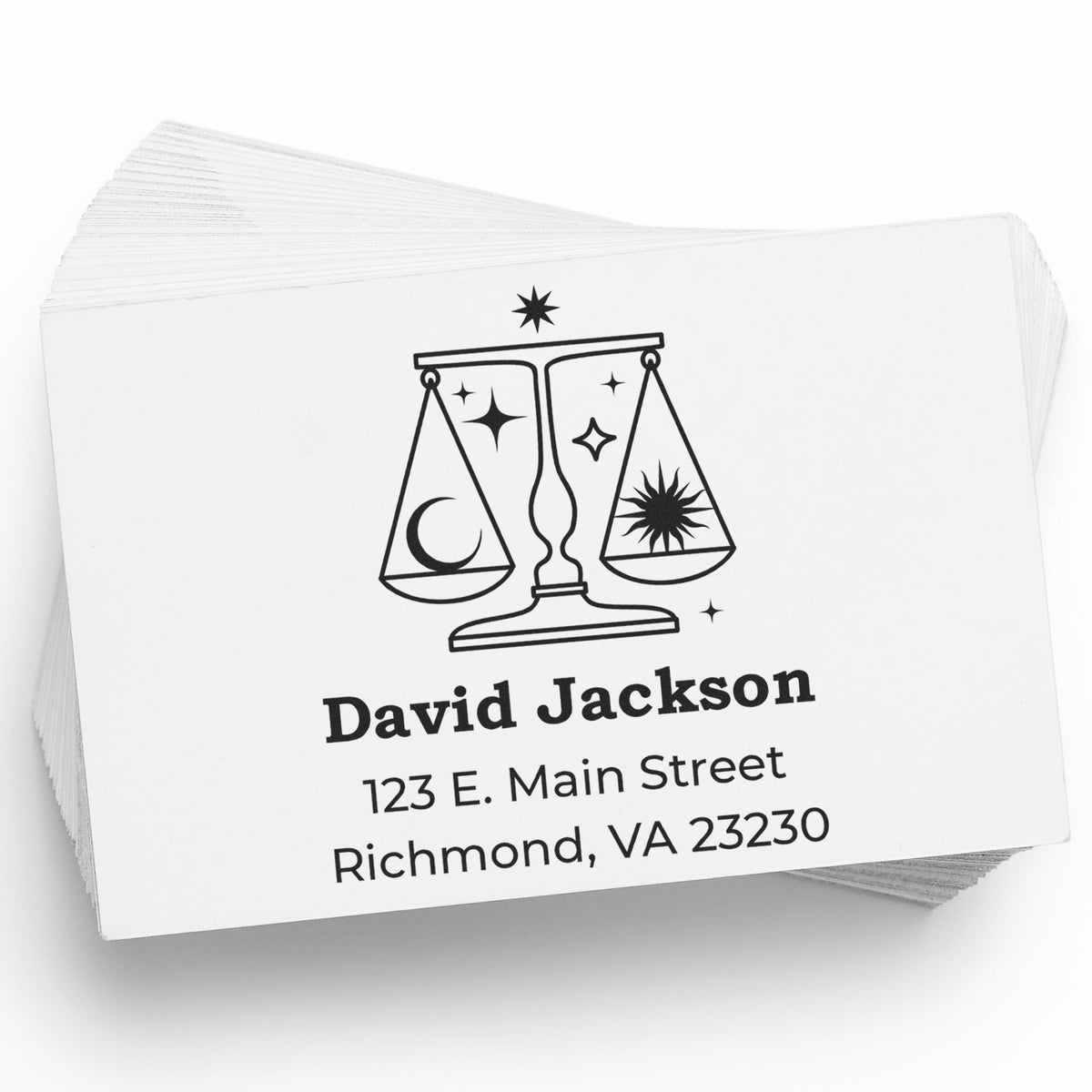 White custom stamp and seal cards with black scales logo, David Jackson name, and Richmond, VA address.