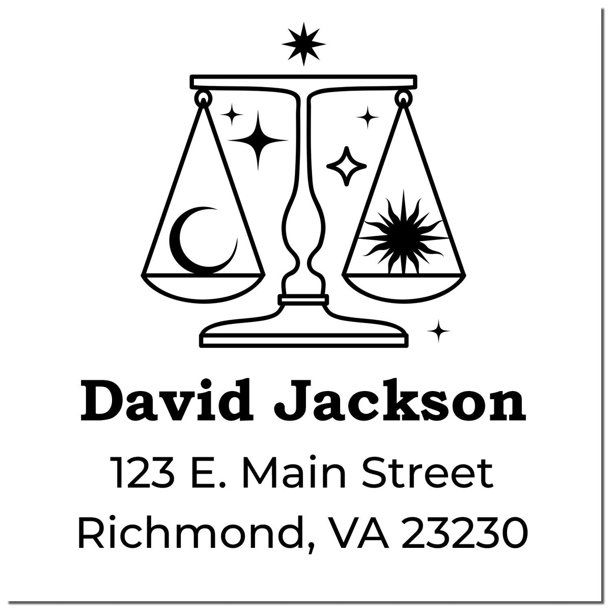 Black custom stamp seal with scales, crescent moon and stars, labeled David Jackson, 123 E. Main Street, Richmond, VA 23230.