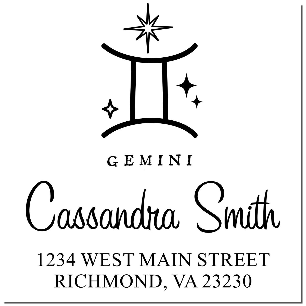 Black-and-white Gemini stamp and seal with star symbols, Cassandra Smith, and 1234 West Main Street, Richmond, VA 23230