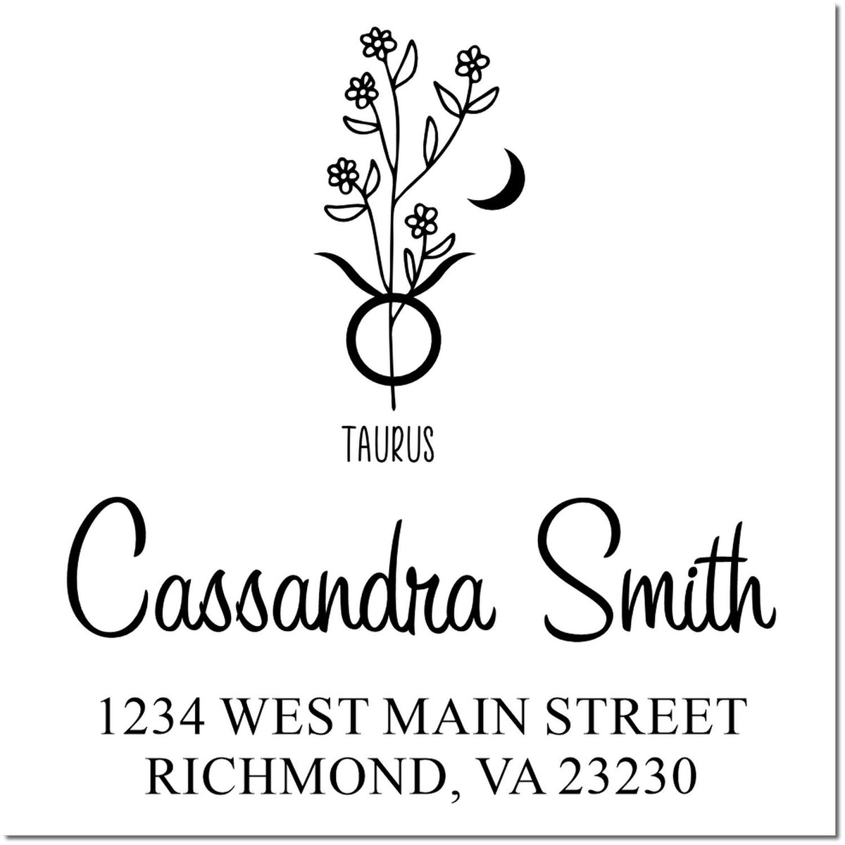 Black Taurus floral custom stamp and seal with Cassandra Smith and address in black on white background.