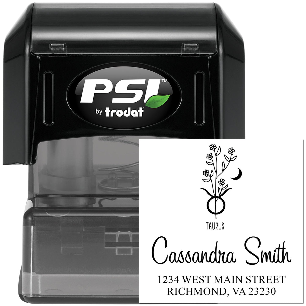 Black Taurus zodiac address stamp by Trodat featuring astrological design for custom return address stamping.