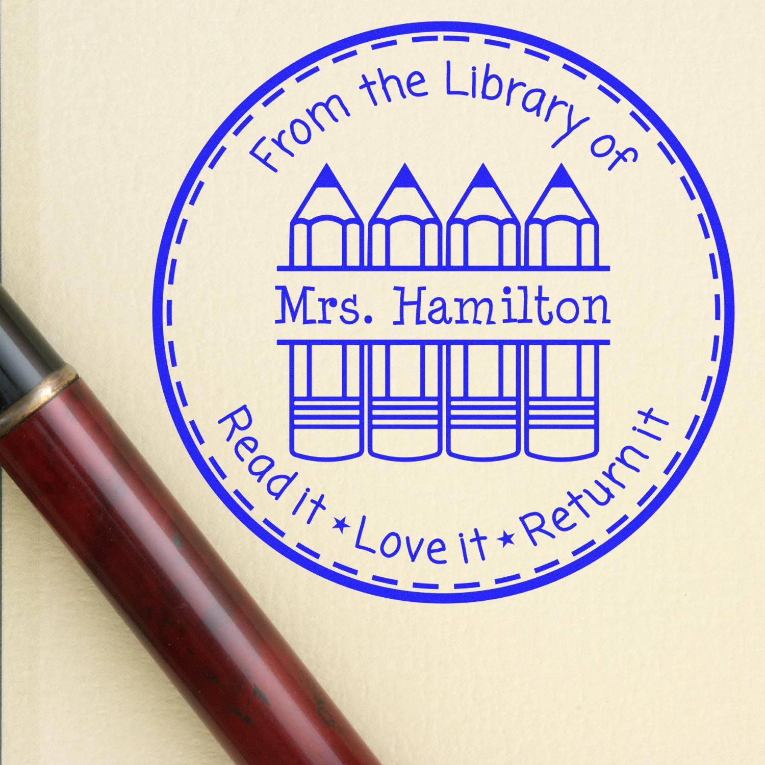 Four Pencils Customized Teacher Library Stamp