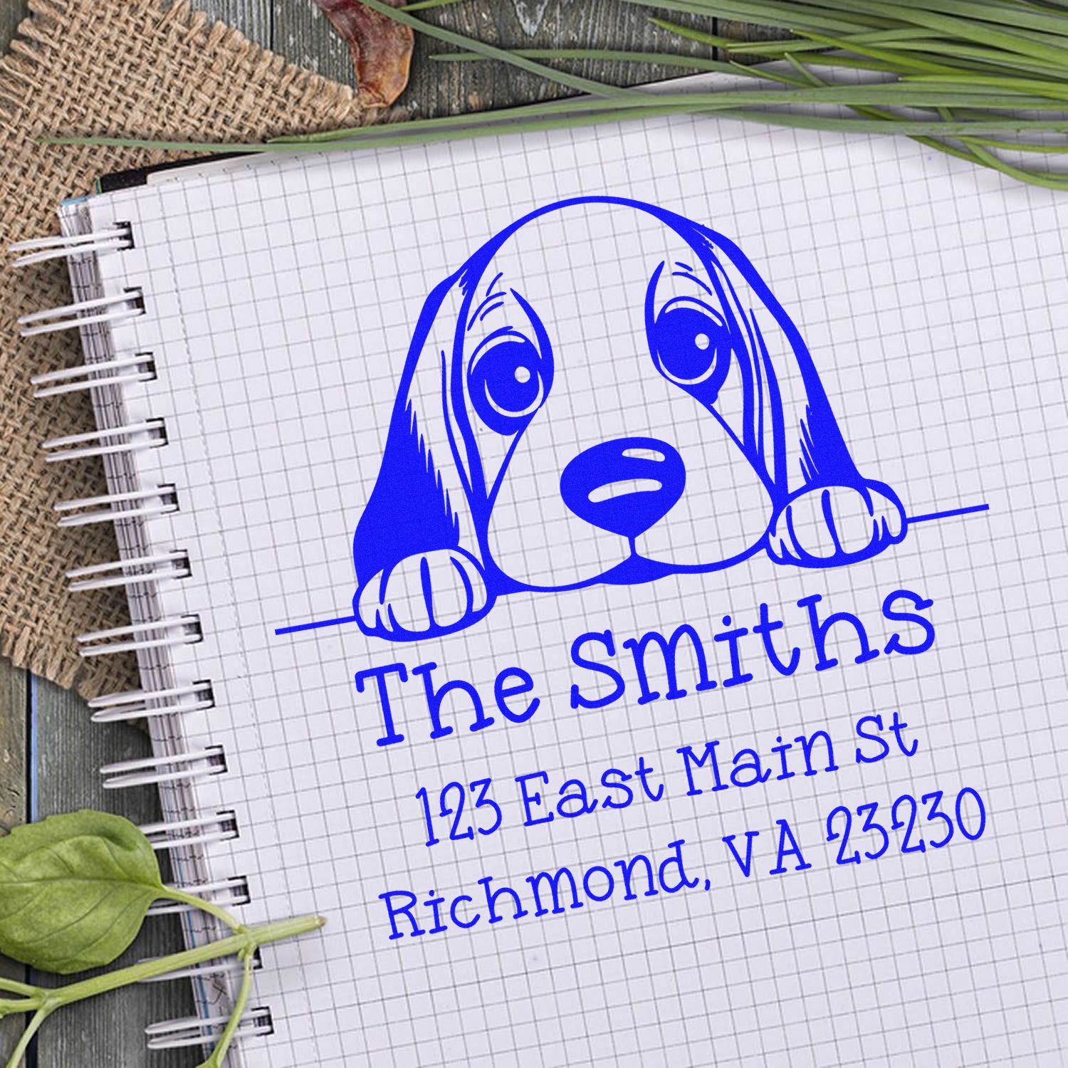 Wood Handle Basset Hound Puppy Custom Address Return Stamp