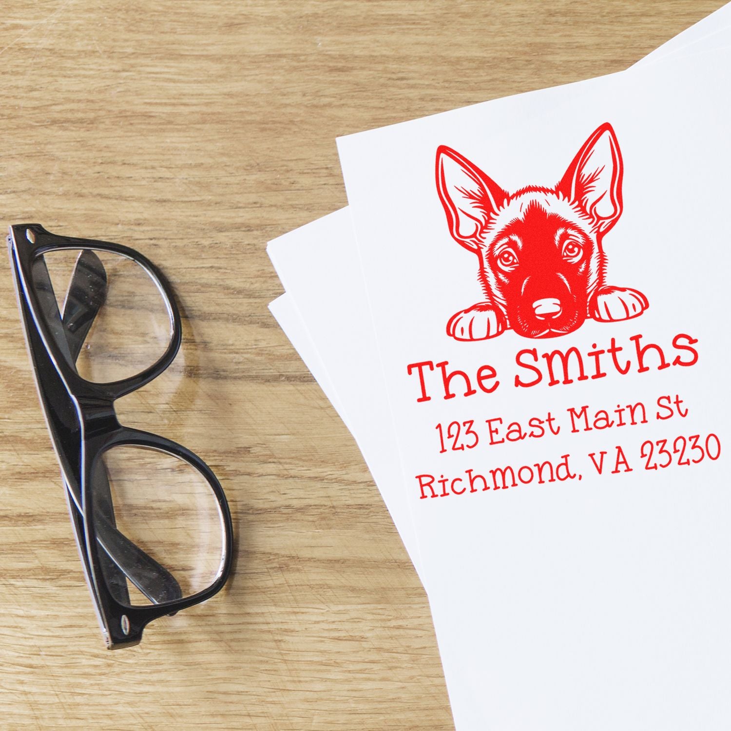 Wood Handle Belgian Malinois Puppy Custom Mail Address Stamp