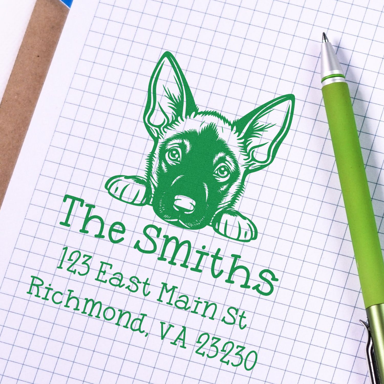 Wood Handle Belgian Malinois Puppy Custom Mail Address Stamp