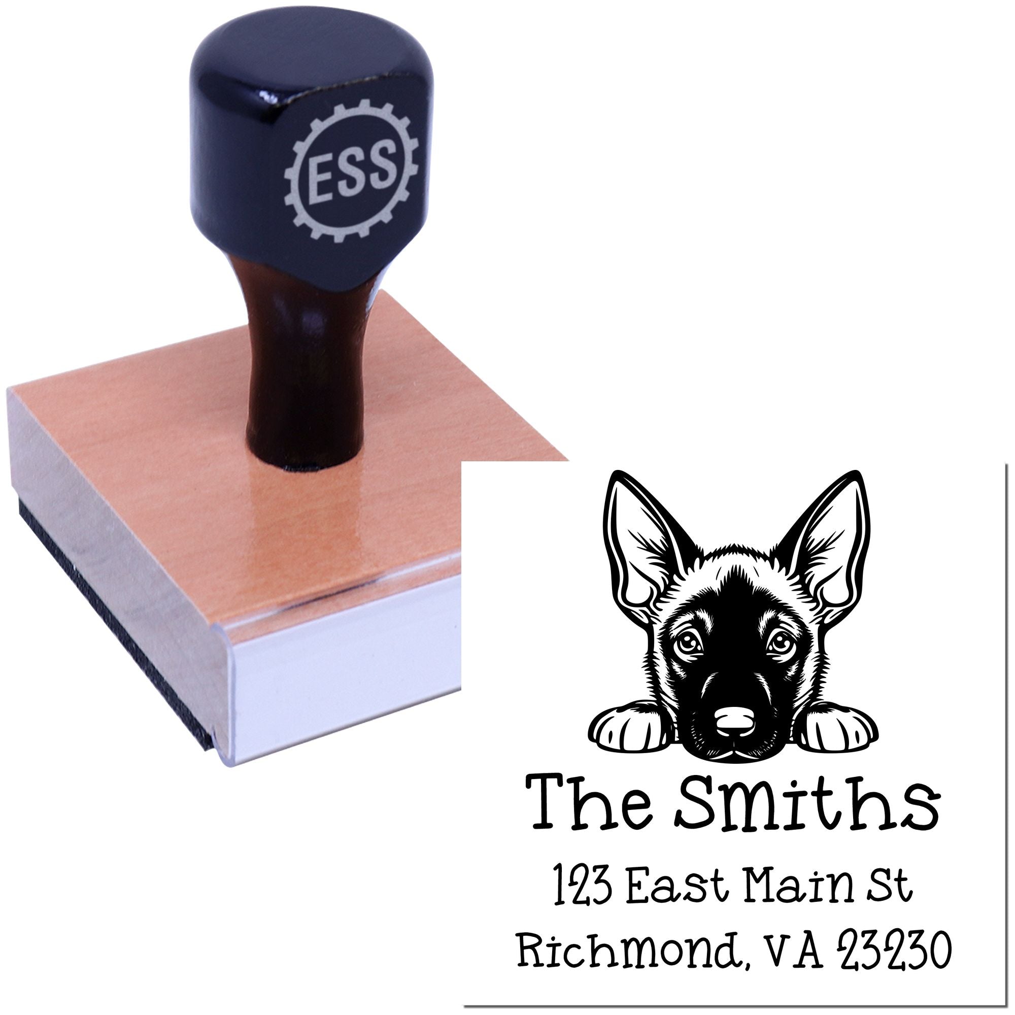 Wood Handle Belgian Malinois Puppy Custom Mail Address Stamp