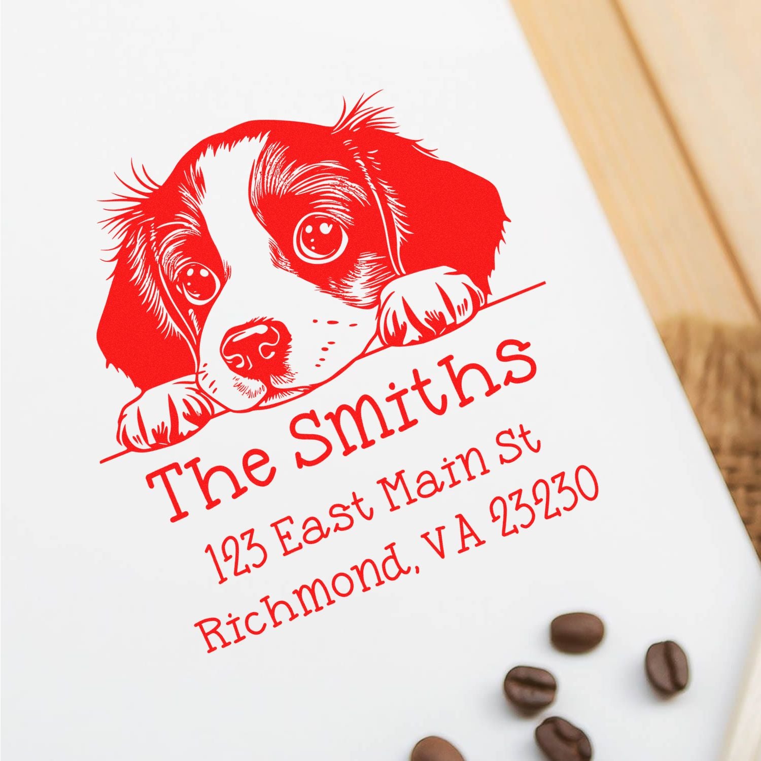 Wood Handle Brittany Puppy Custom Name and Address Stamp