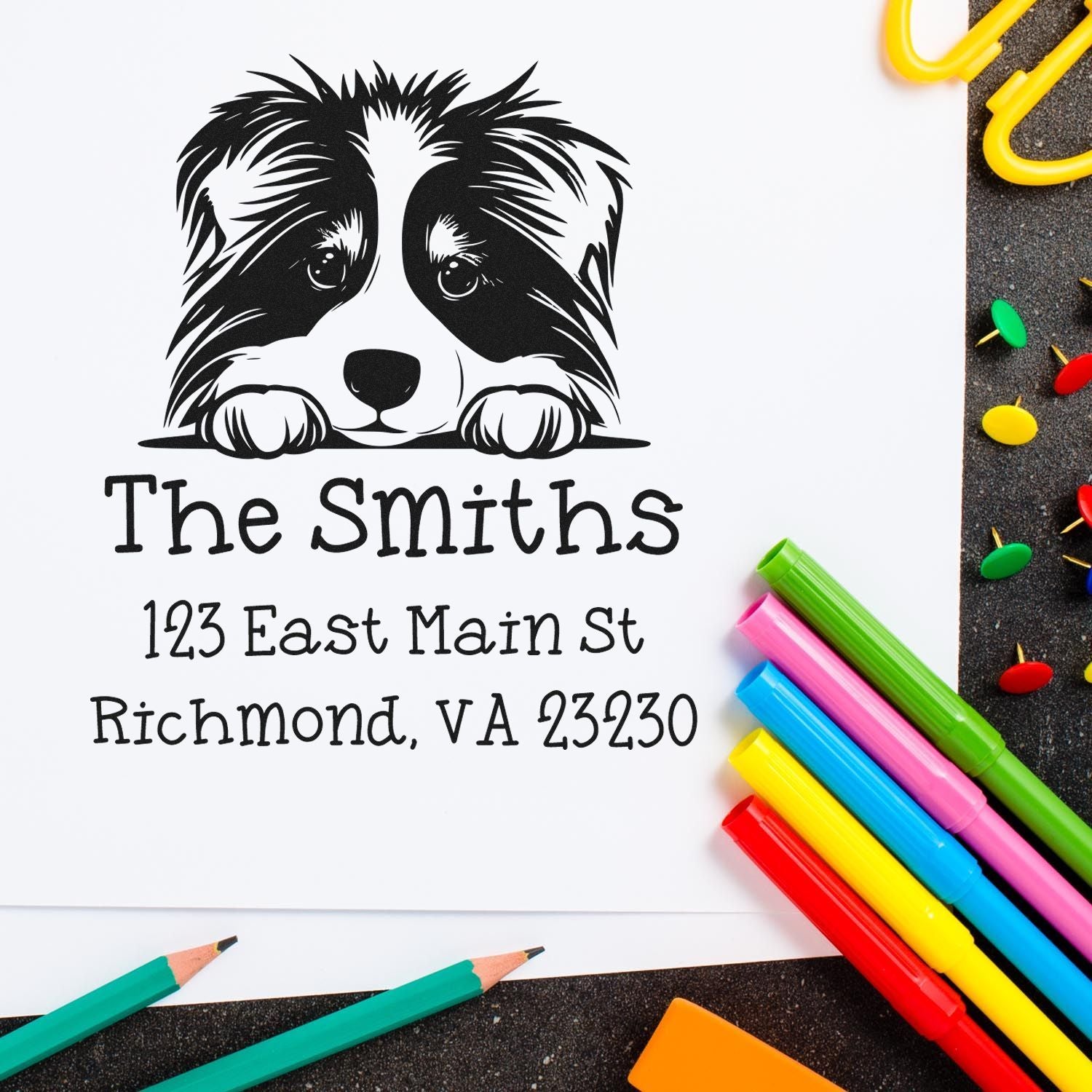 Wood Handle Collie Puppy Customized Return Address Stamp