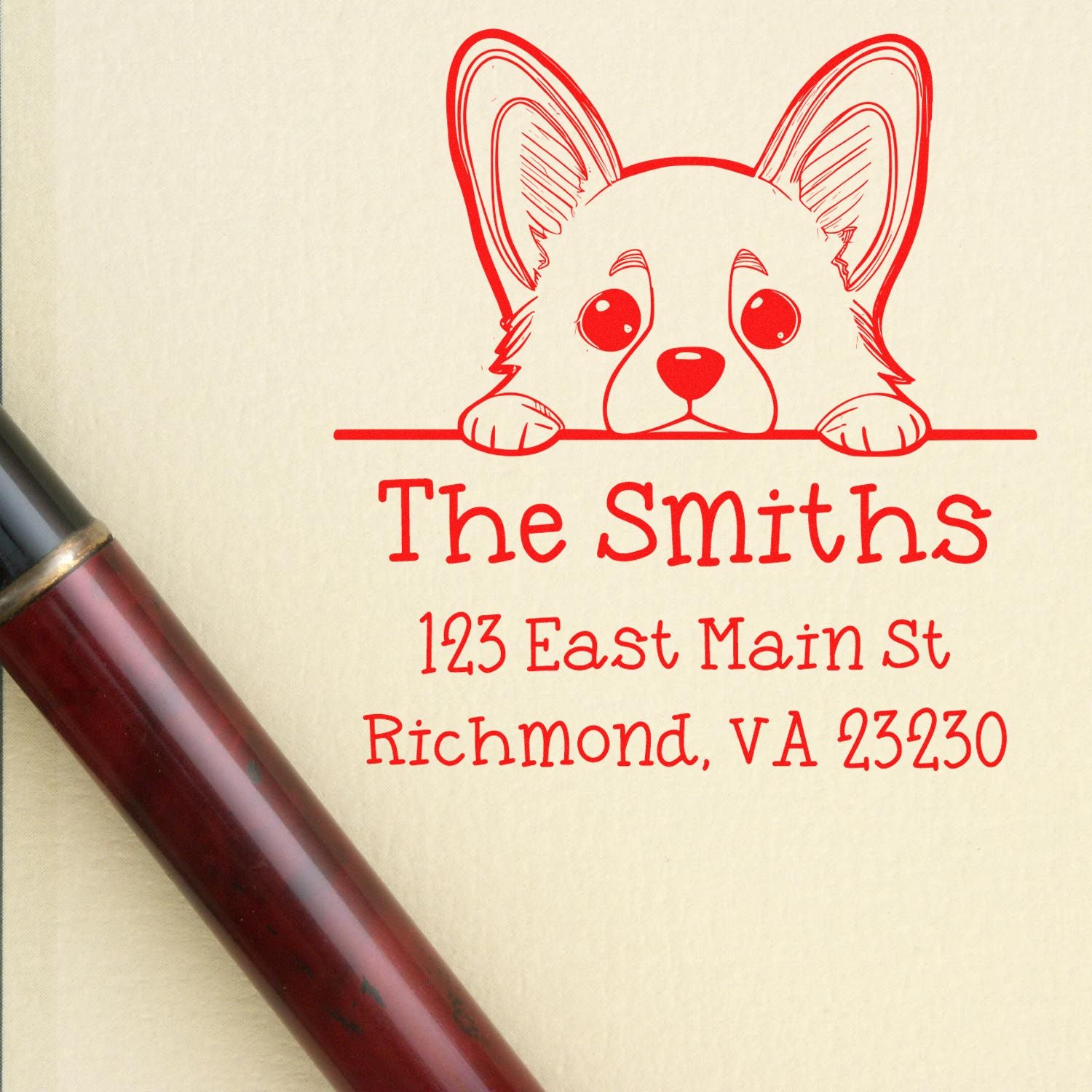 Wood Handle Corgi Puppy Customized Name and Address Stamp