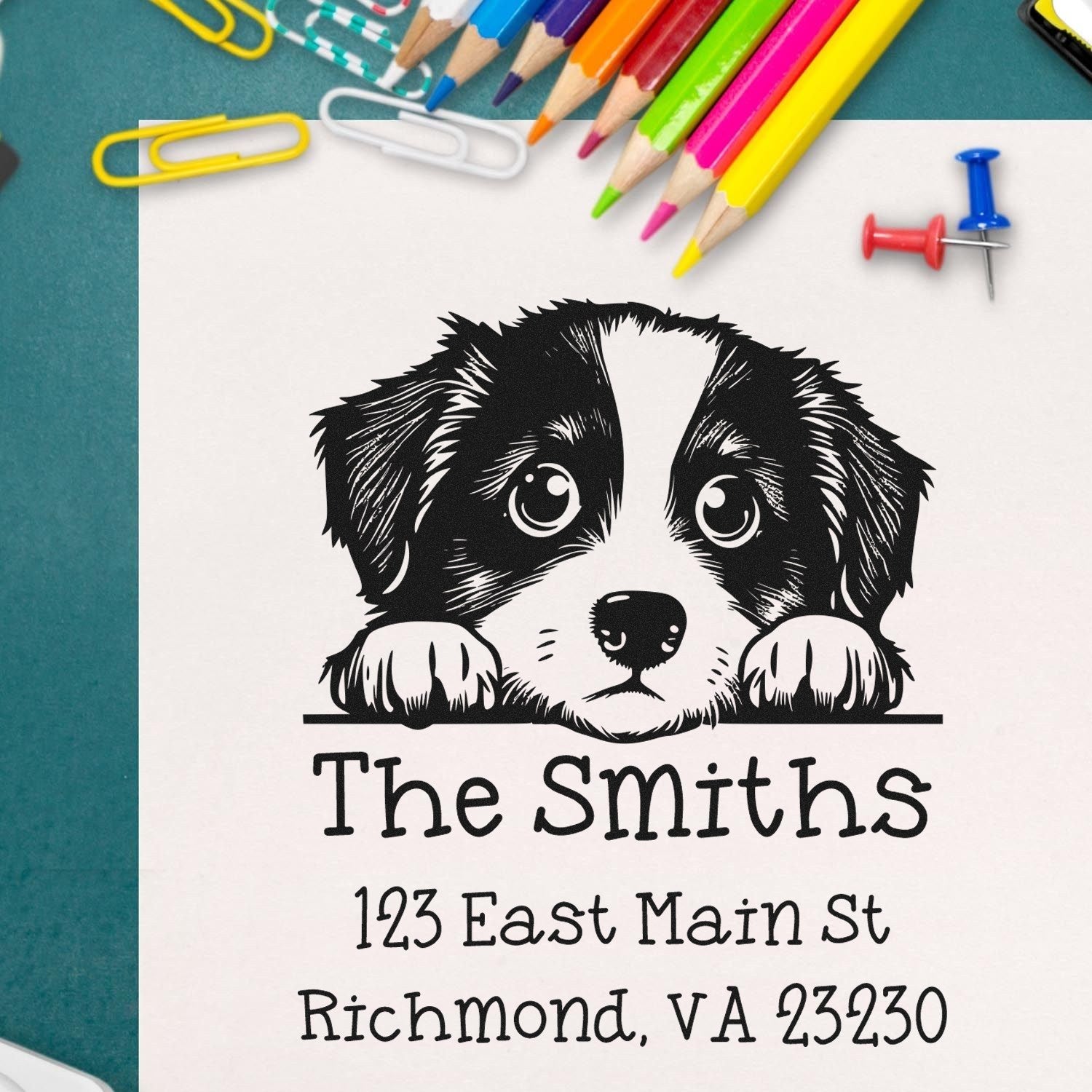 Wood Handle Miniature American Shepherd Puppy Personalized Return Address Stamp