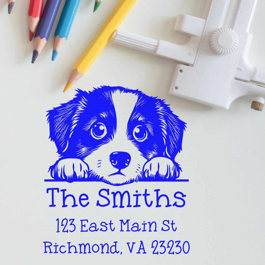 Self-Inking Miniature American Shepherd Peeking Puppy Customized Address Stamp