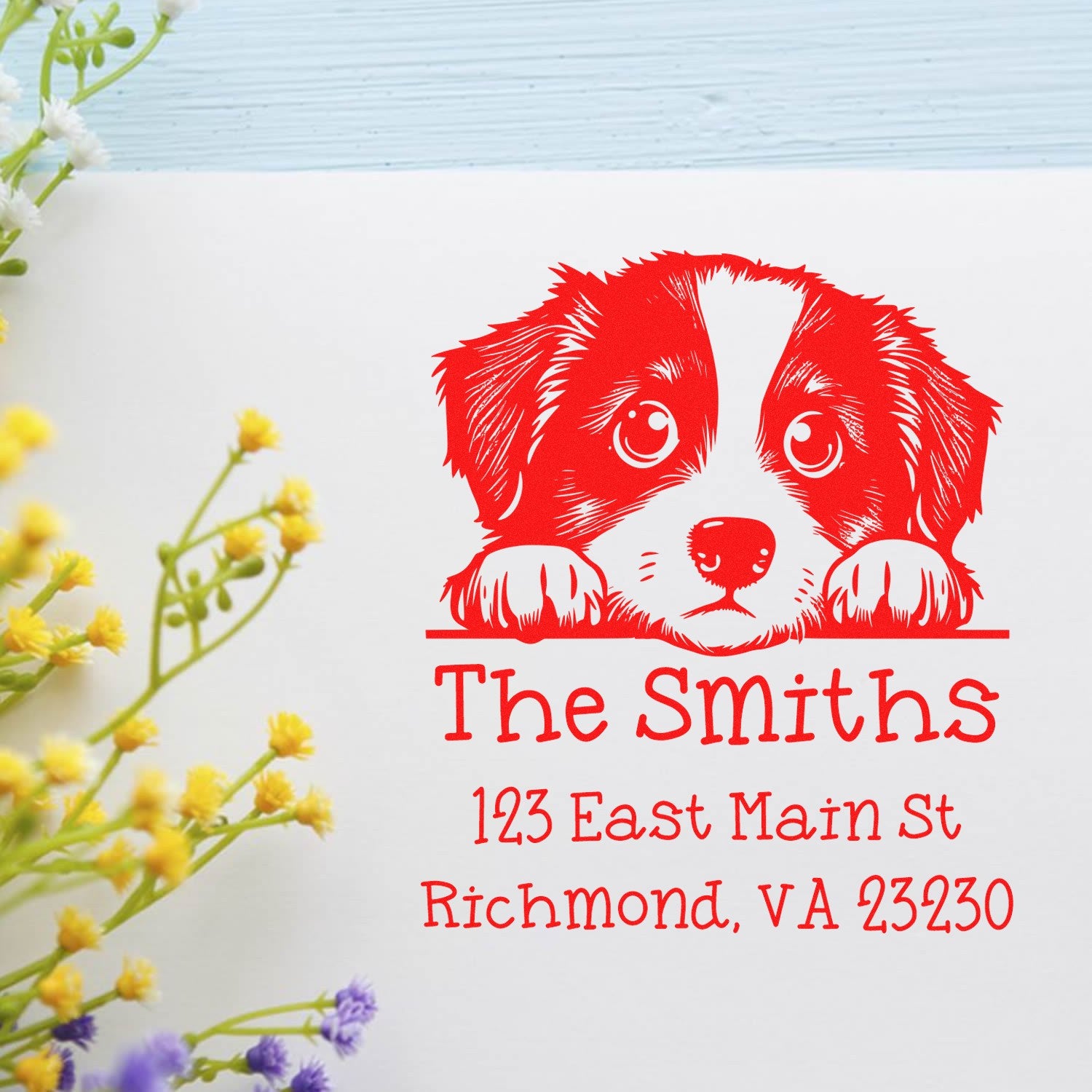 Wood Handle Miniature American Shepherd Puppy Personalized Return Address Stamp