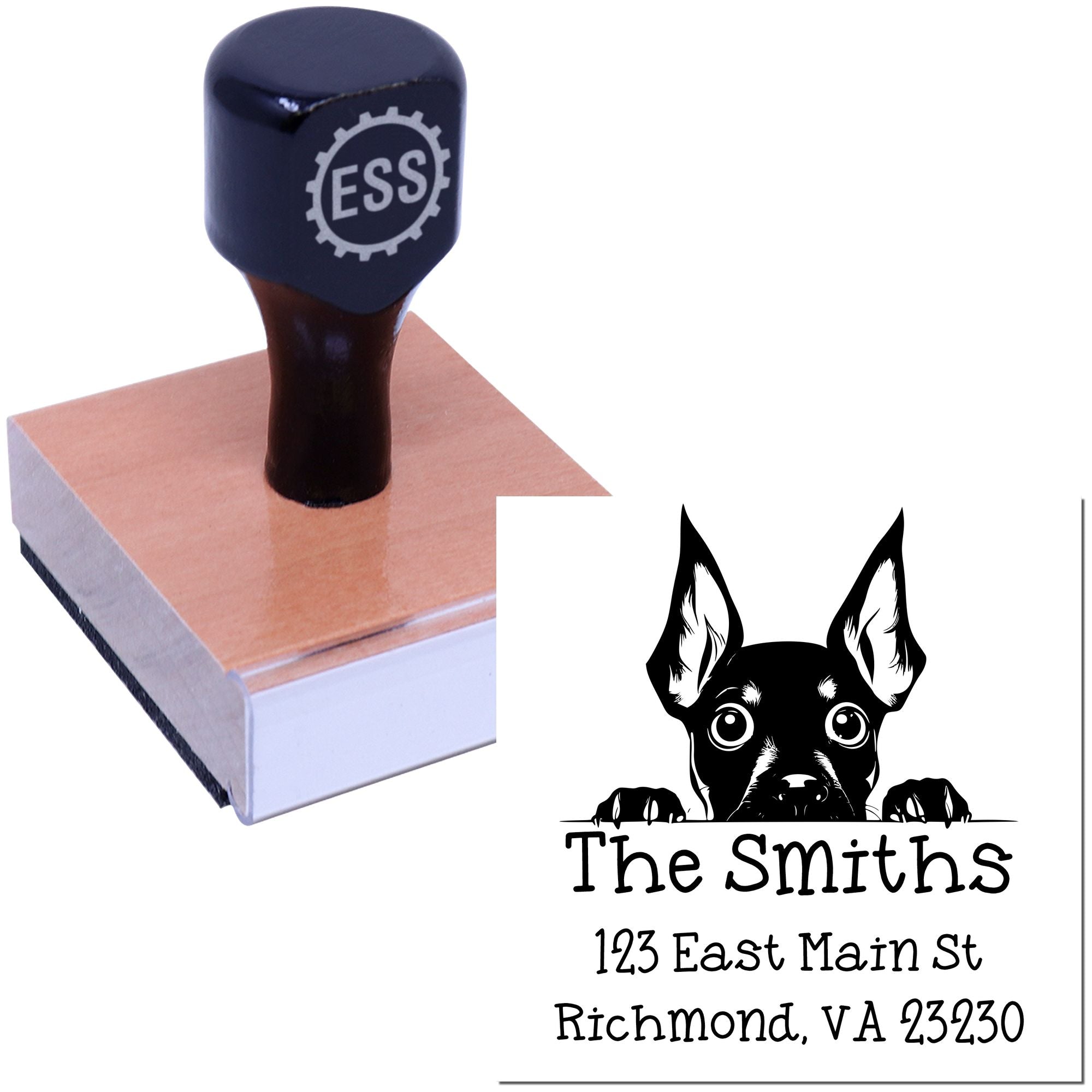 Wood Handle Miniature Pinscher Puppy Personalized Name and Address Stamp