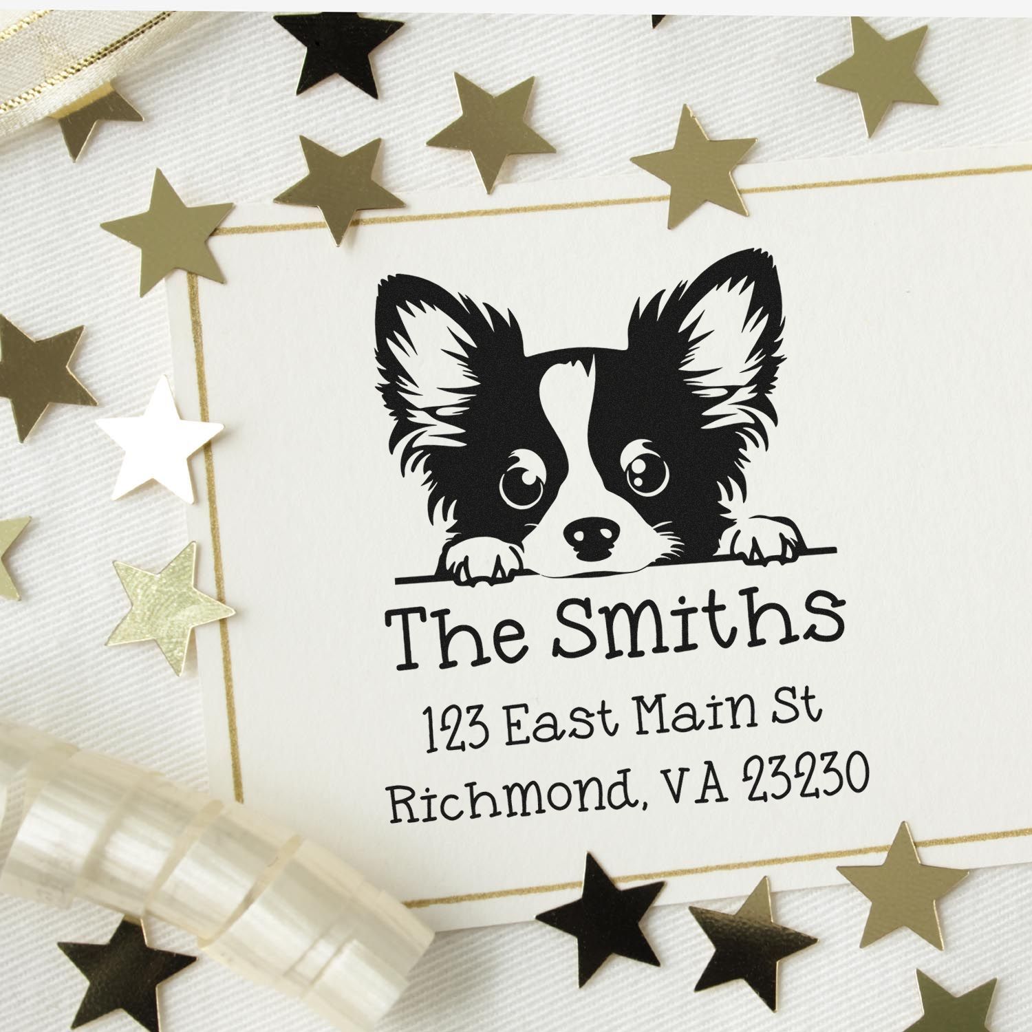 Wood Handle Papillon Puppy Personalized Address Return Stamp