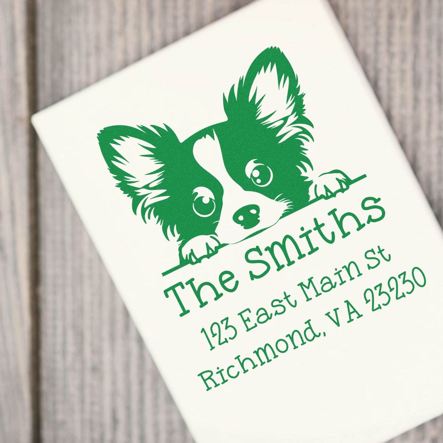 Wood Handle Papillon Puppy Personalized Address Return Stamp