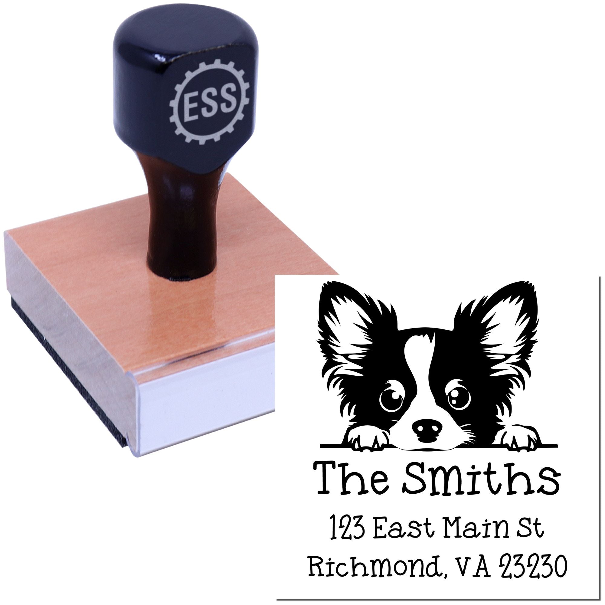 Wood Handle Papillon Puppy Personalized Address Return Stamp