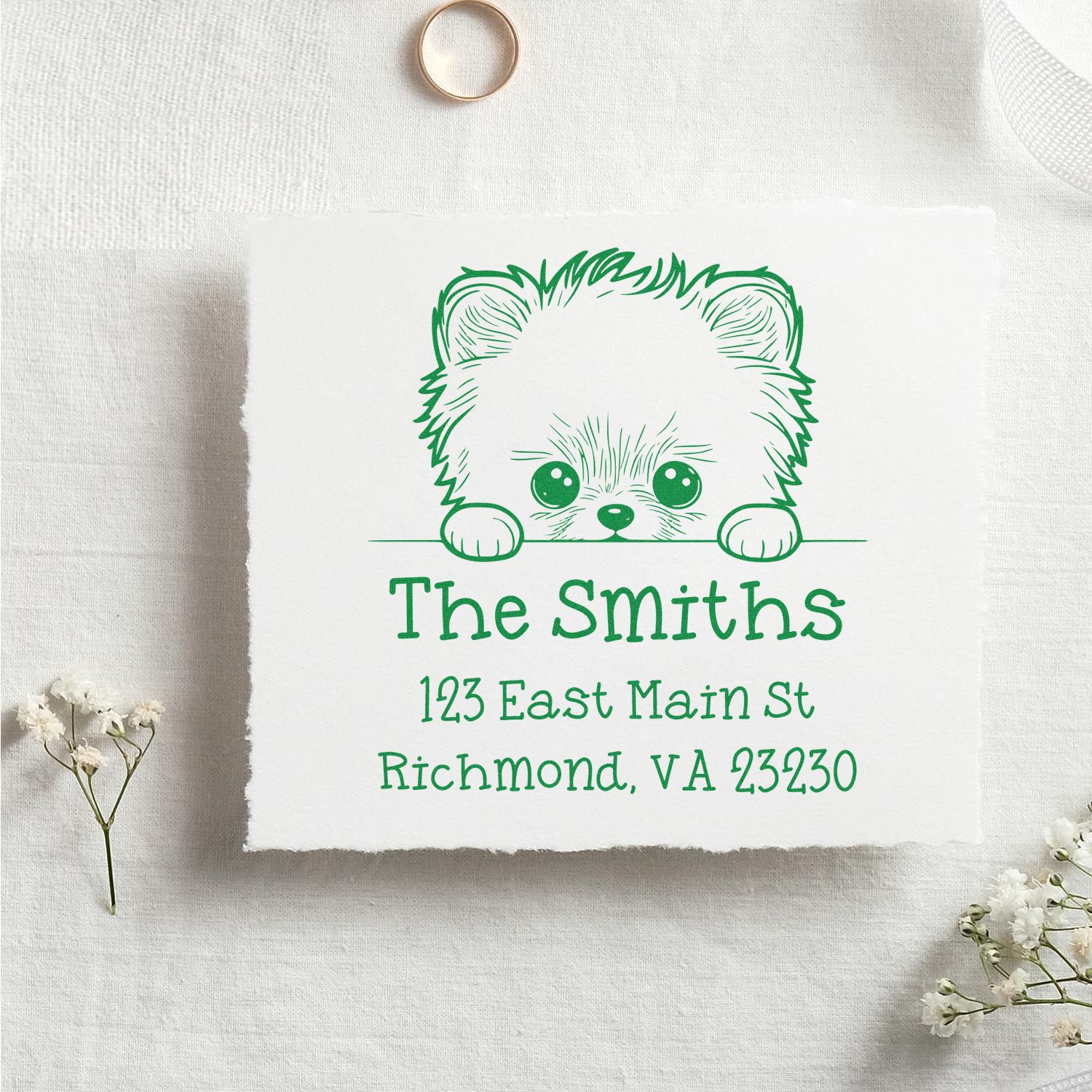 Wood Handle Pomeranian Puppy Personalized Mail Address Stamp