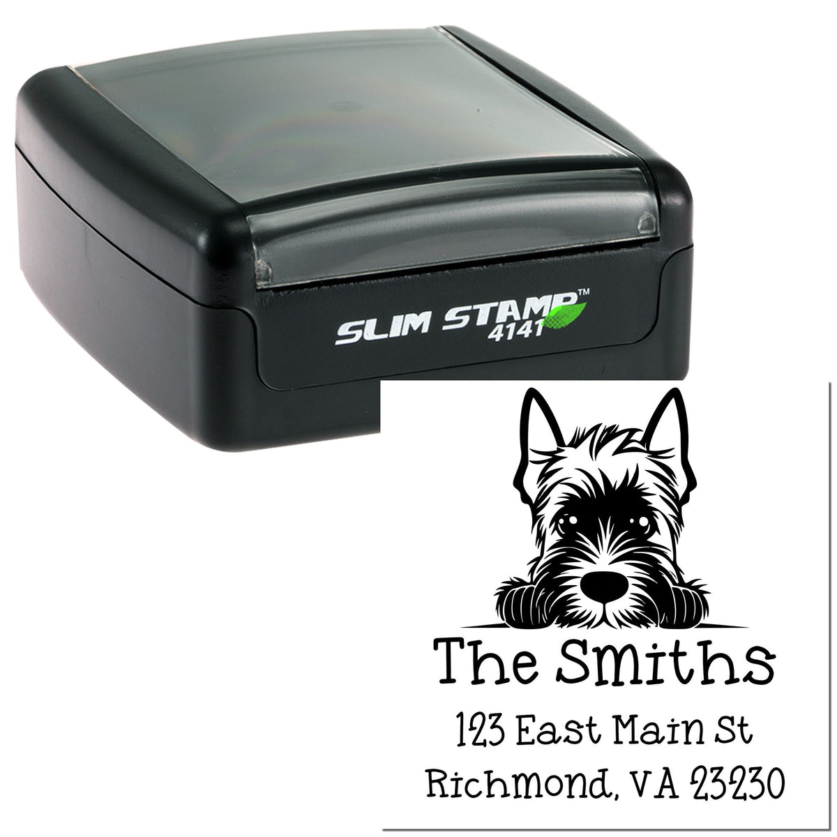 Black Slim Stamp self-inking seal with custom dog logo, The Smiths address, and white sample imprint on a white background.