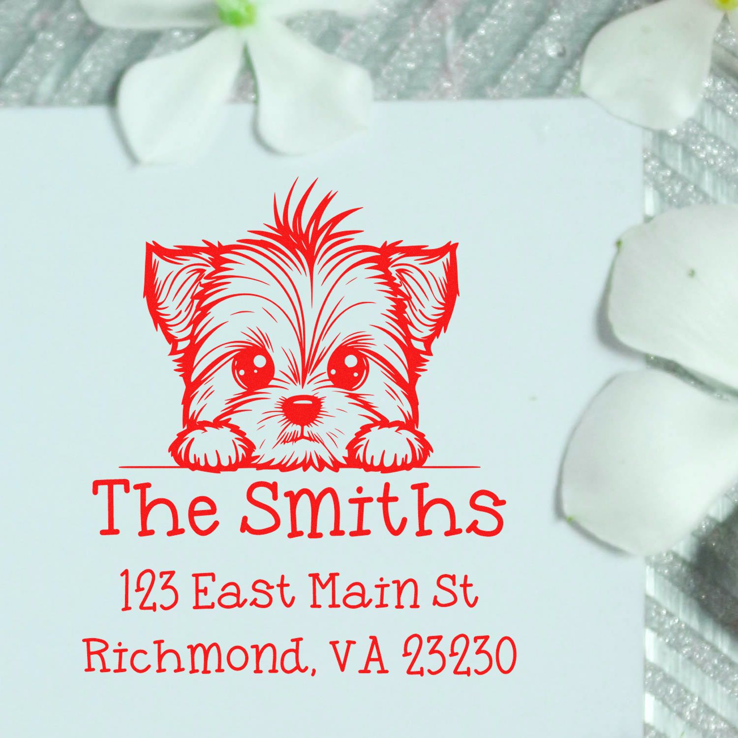 Wood Handle Yorkshire Terrier Puppy Personalized Mail Label Stamp