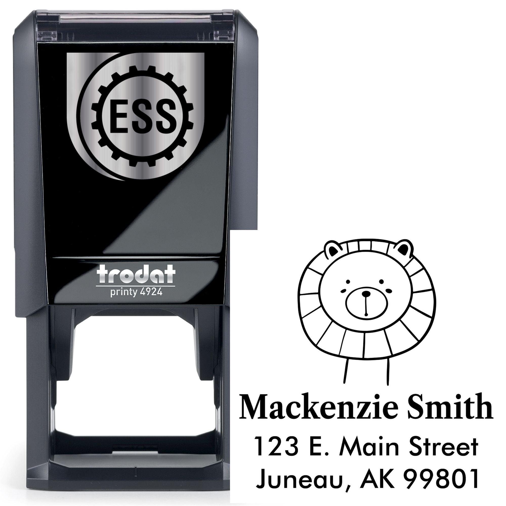 Self-Inking Cartoon Animal Lovable Lion's Lair Custom Made Mail Stamper featuring a cute lion design. Customizable Return Mail Stamp with "Mackenzie Smith, 123 E. Main Street, Juneau, AK 99801" displayed. Black Trodat printy 4924 model.
