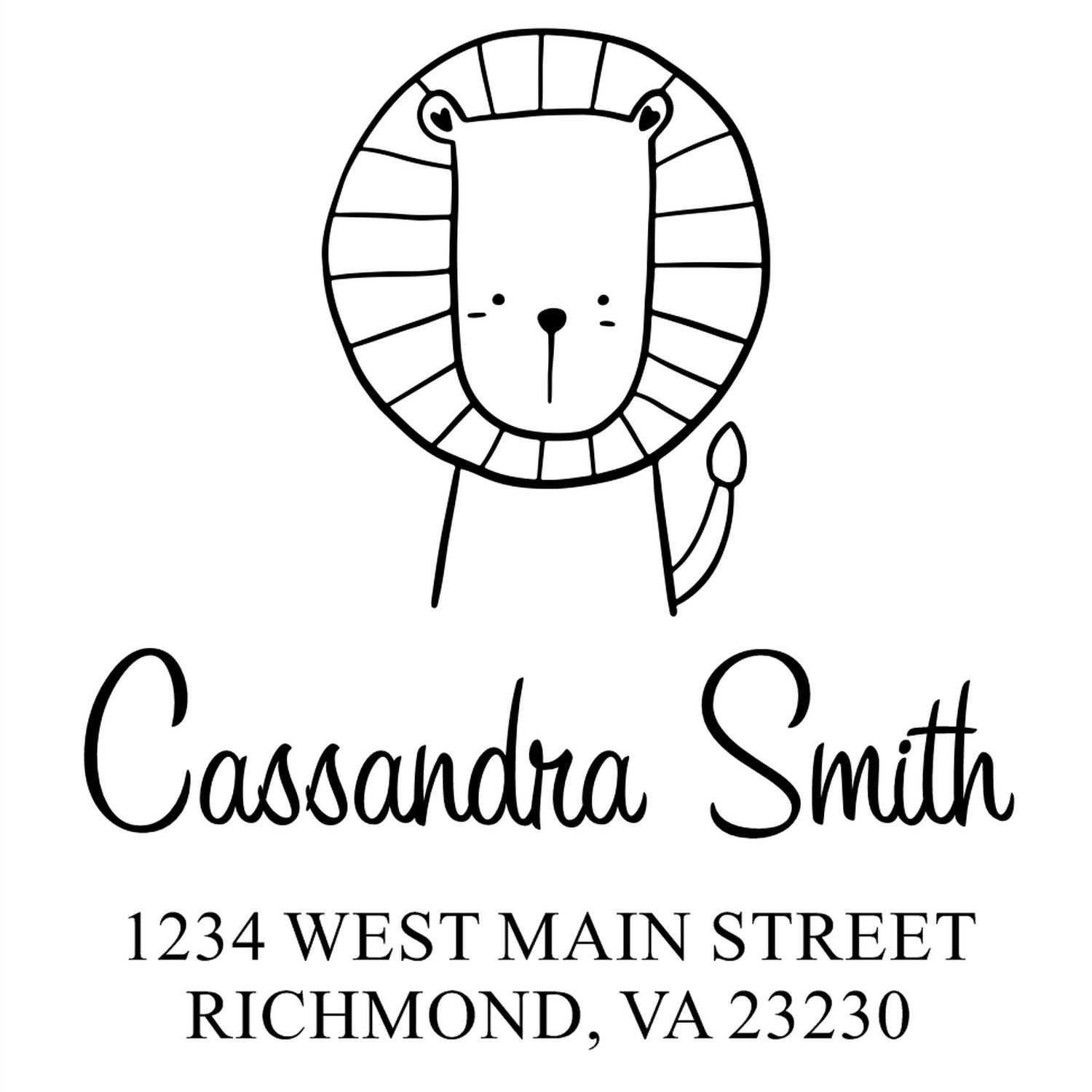 Wood handle little roar cartoon animal made to order return address stamper featuring a cute lion design. Personalized home stamper with the name "Cassandra Smith" and address "1234 West Main Street, Richmond, VA 23230" in elegant font.