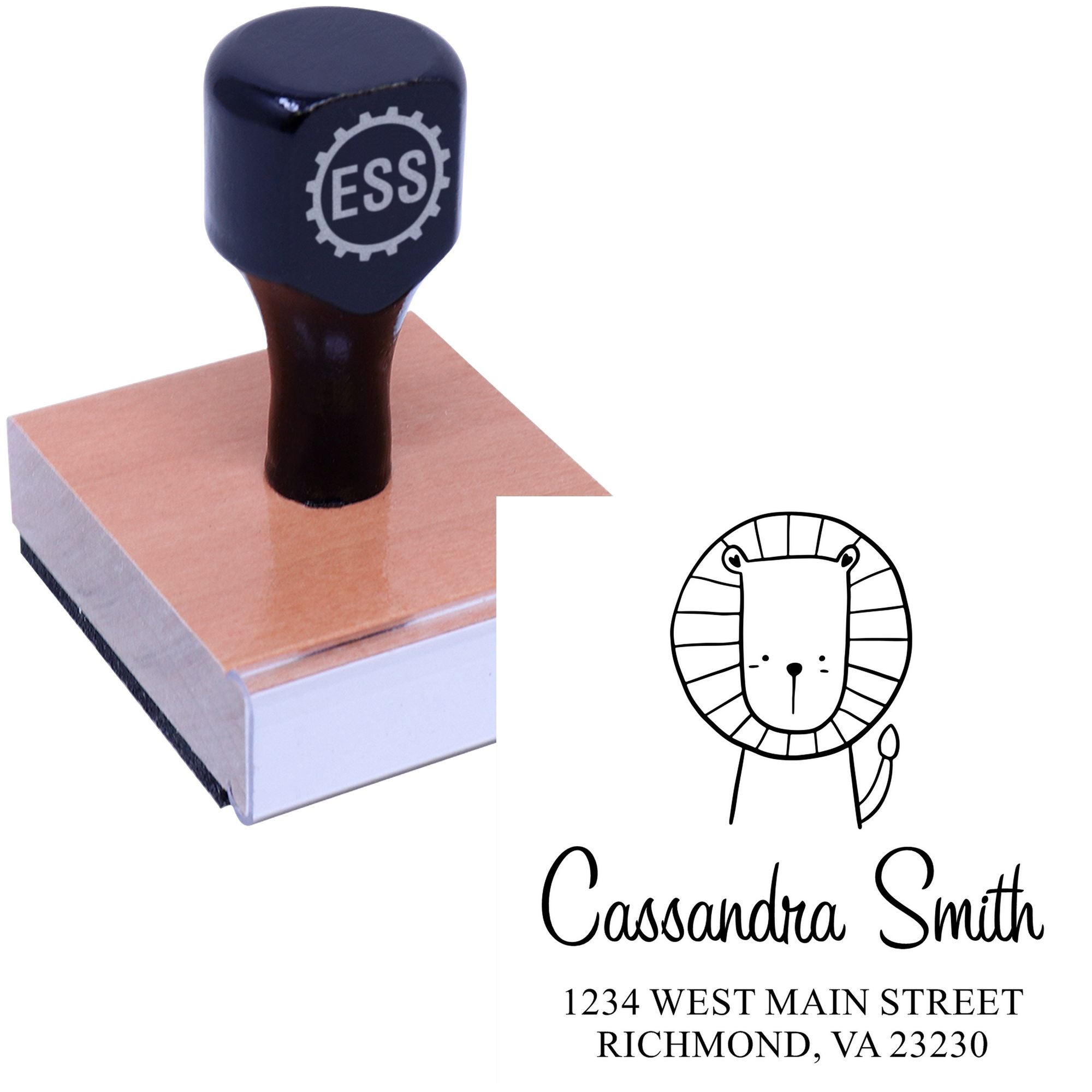 Wood handle stamper with "ESS" logo, featuring a Little Roar cartoon animal design. Made to order, this personalized address stamper displays "Cassandra Smith, 1234 West Main Street, Richmond, VA 23230" in elegant font.