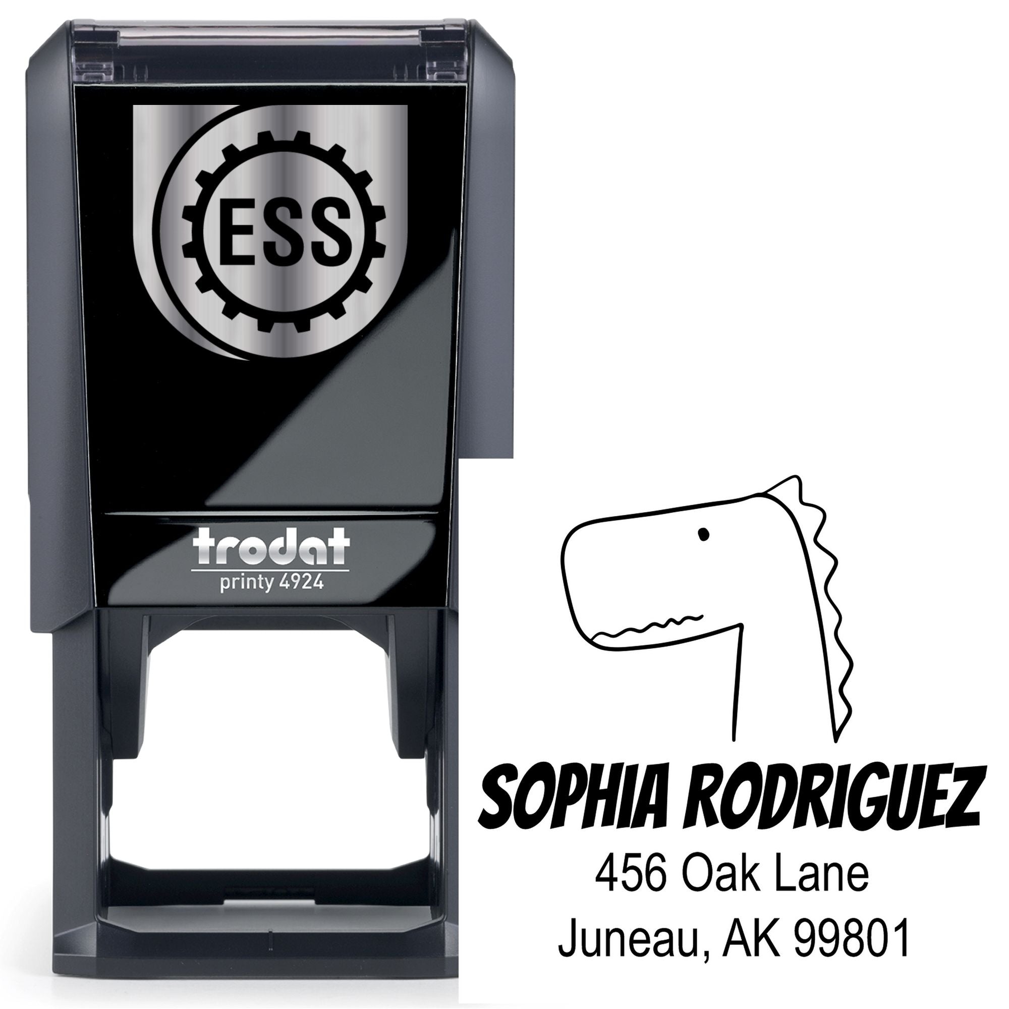 Self-Inking Cartoon Animal Mirthful Dino Custom Made Return Address Stamper featuring a playful dinosaur design. This Custom Mailing Stamper includes the name "Sophia Rodriguez" and address "456 Oak Lane, Juneau, AK 99801" on a Trodat Printy 4924 model.