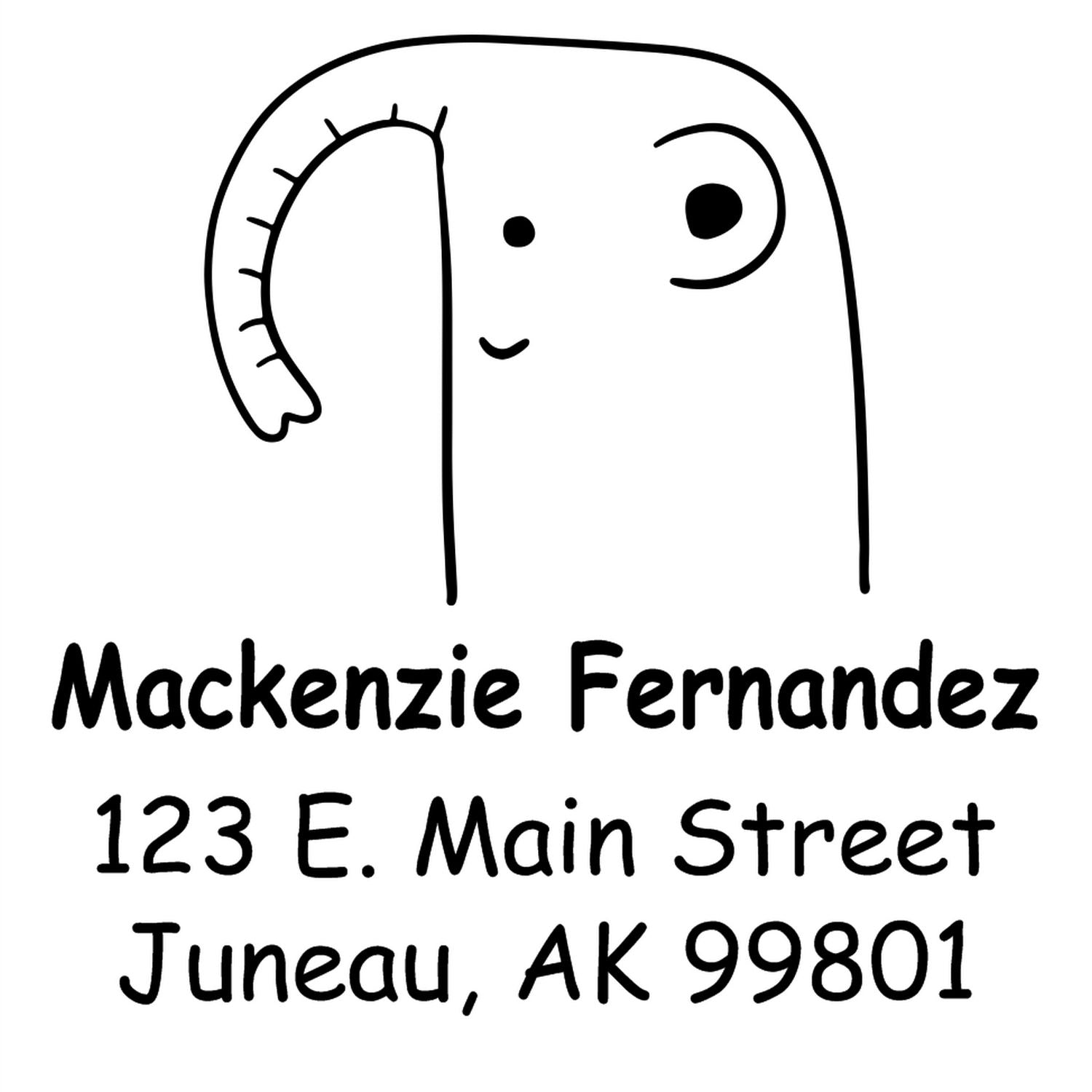Wood handle endearing elephant cartoon animal made to order address stamper featuring a custom-made return mail stamper design. The image shows a cute elephant illustration with personalized address details for Mackenzie Fernandez in Juneau, AK.