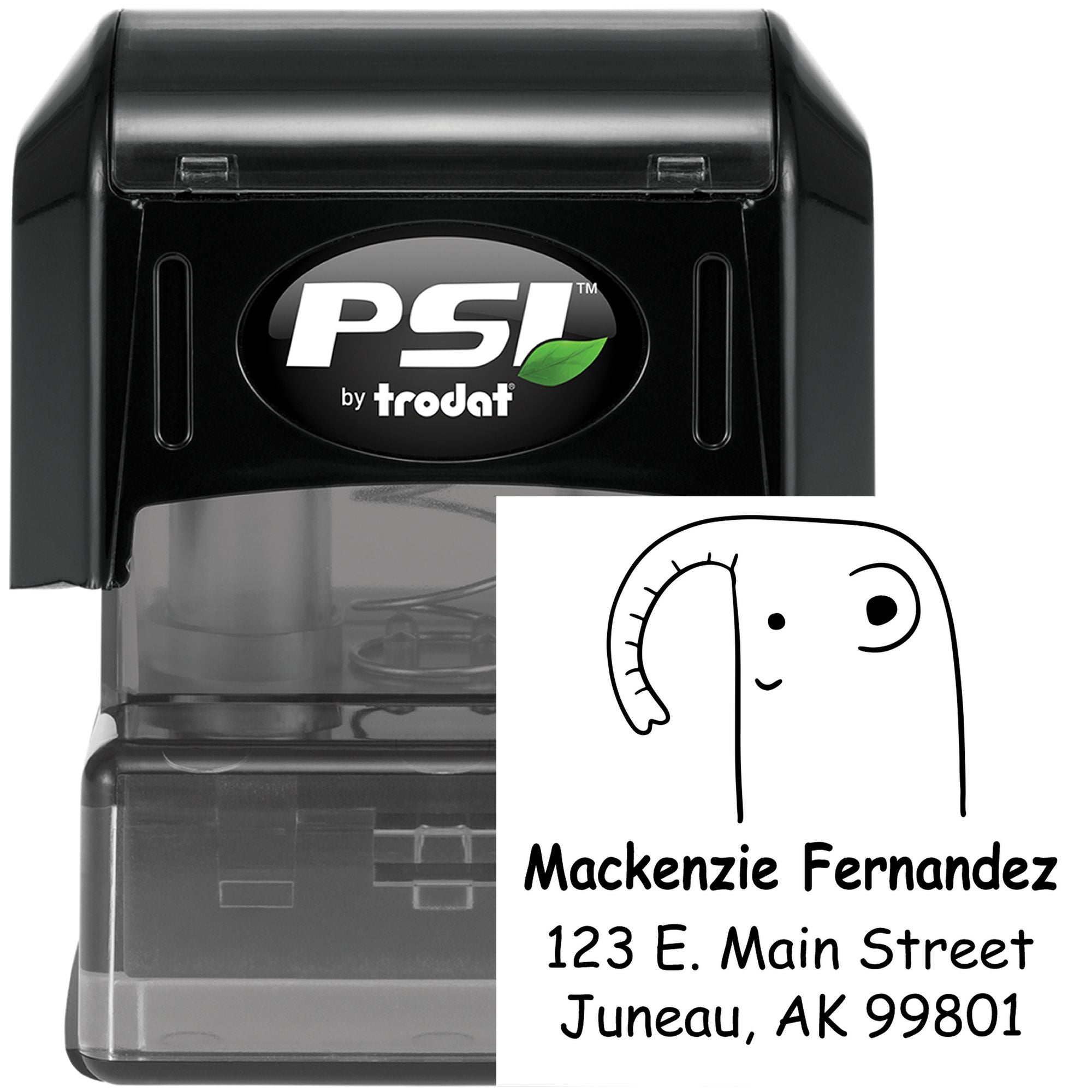 Endearing Elephant Pre-Inked Customized Return Address Stamper featuring a cute elephant design. This personalizable return mail stamper displays the name "Mackenzie Fernandez" with an address, perfect for adding a charming touch to your correspondence.
