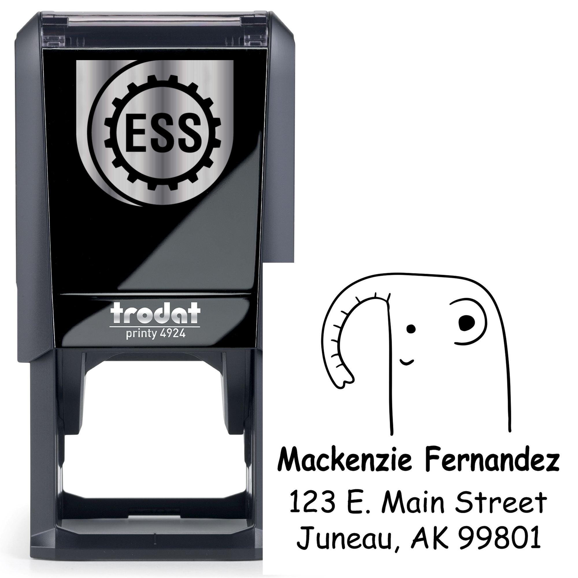 Self-inking cartoon animal endearing elephant custom made address stamp featuring a cute elephant design. Personalized mailing stamper with the name Mackenzie Fernandez and address 123 E. Main Street, Juneau, AK 99801.